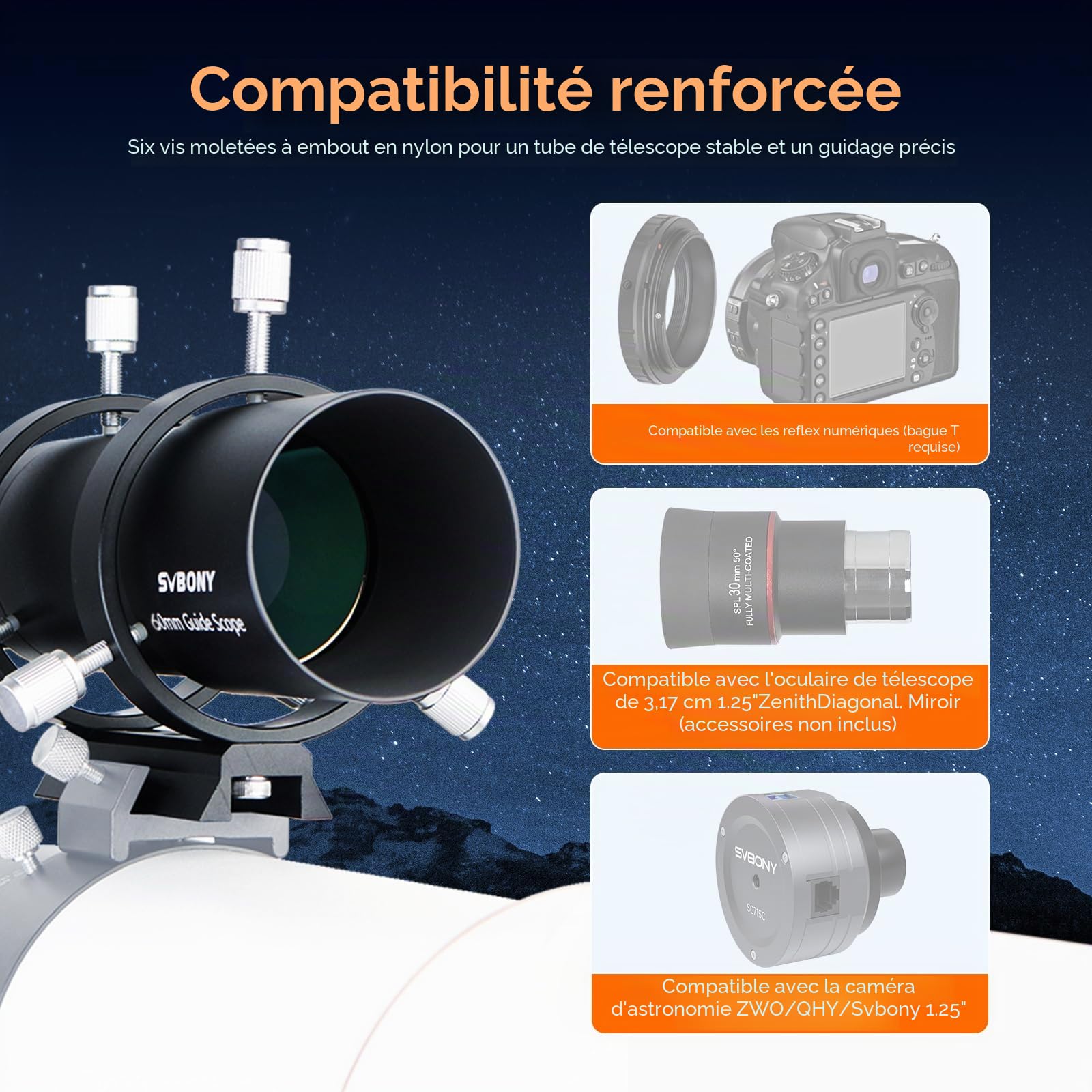 Svbony SV106 Télescope Guideurs 60mm,F4 Télescope Guide Scope avec Focaliseur Hélicoïdal pour Guider Trouver des Étoiles,Compatible avec ZWO QHY Caméra de Guidage
