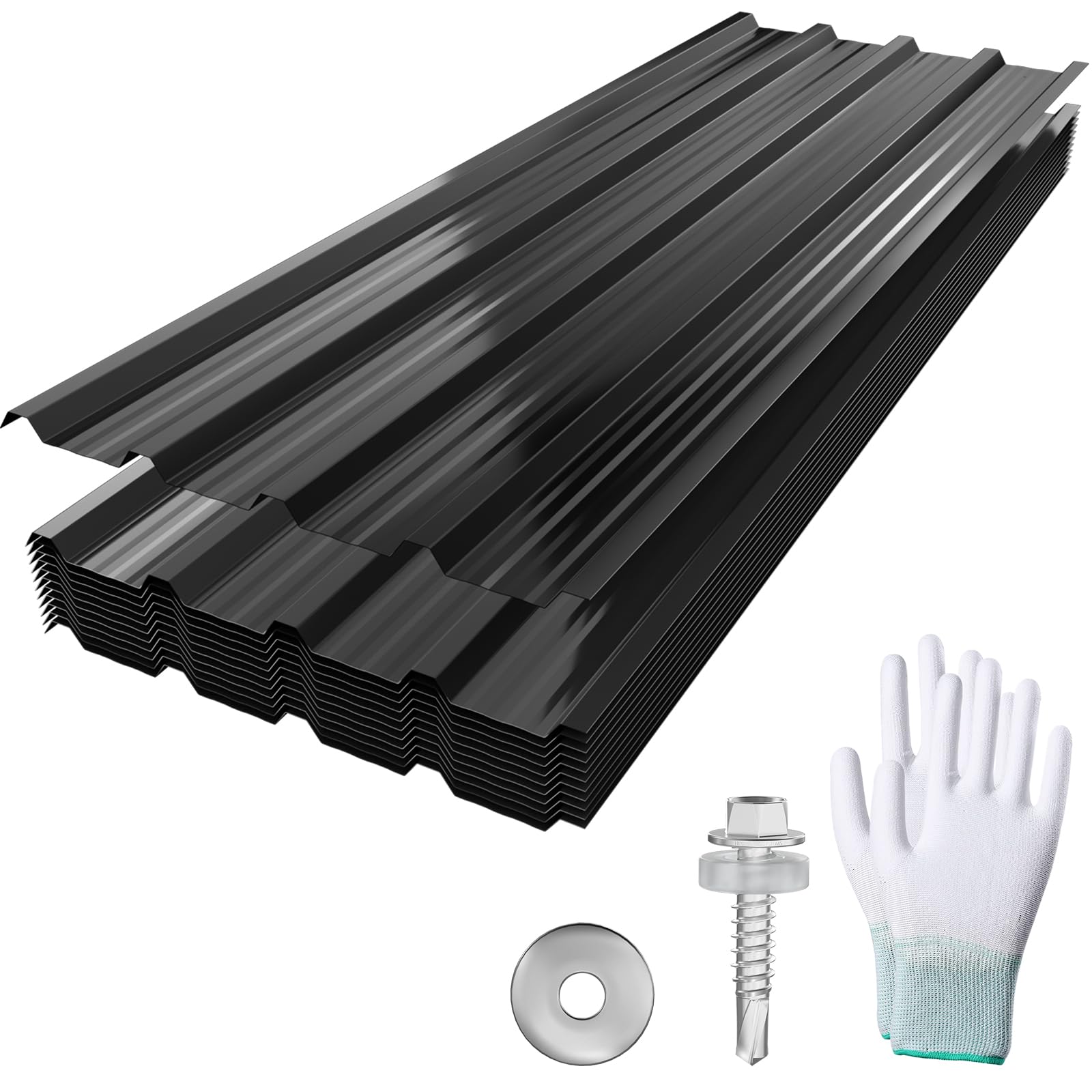 YUENFONG 12 Pezzi Lamiera Trapezoidale Ondulata Lamiere per Tetto Lastre per Tetto in Acciaio Zincato con Struttura, 129,5x45 cm Lamiera Profilata con Viti e Guanti, 7 m² per Garage, Nero