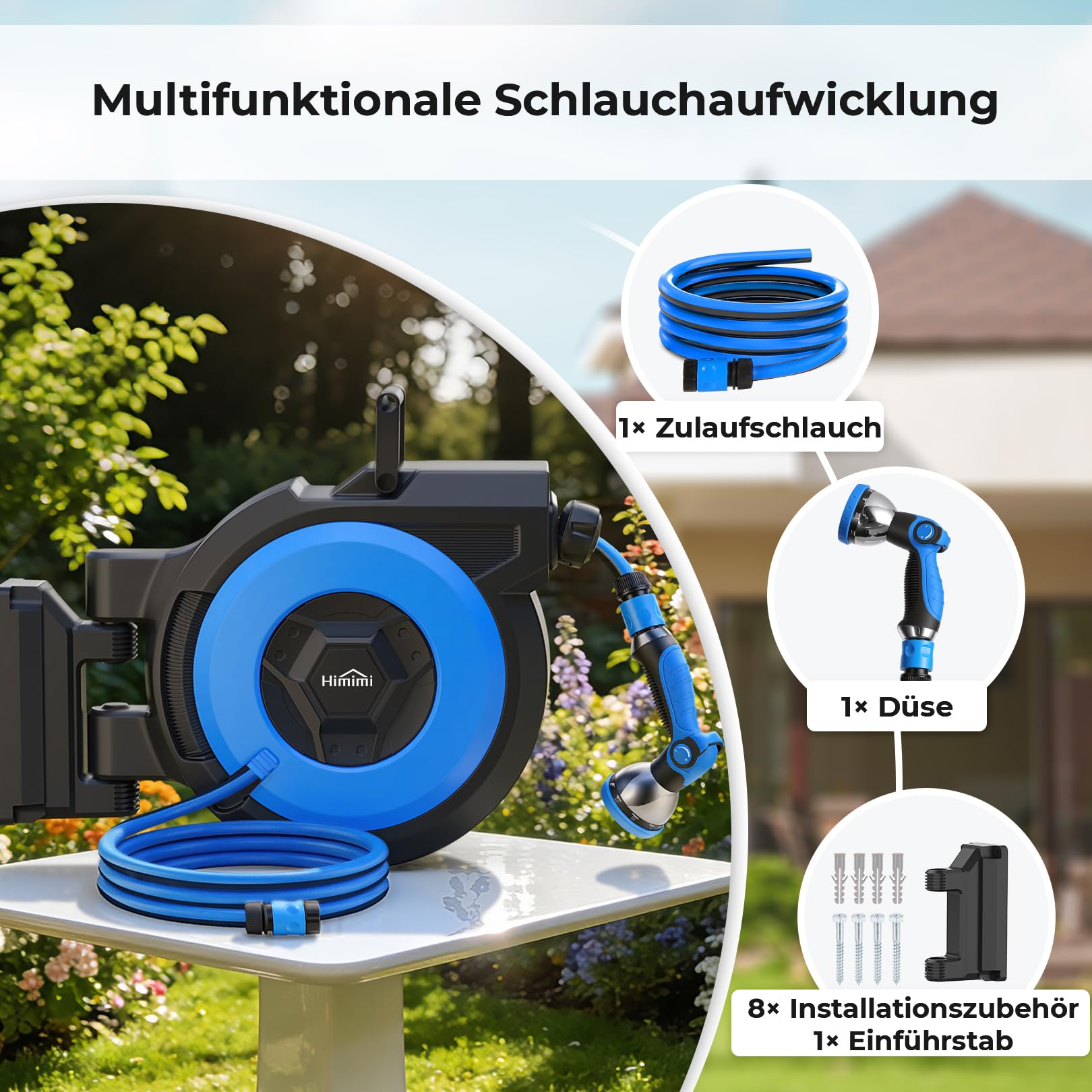 Himimi Schlauchtrommel 30m Wandmontage, Automatischer Gartenschlauch Aufroller mit 180° Schwenk & 10-Funktionen Spritzpistole, Schlauchbox für Wand, Auto-Rewind für Reinigung & Bewässerung