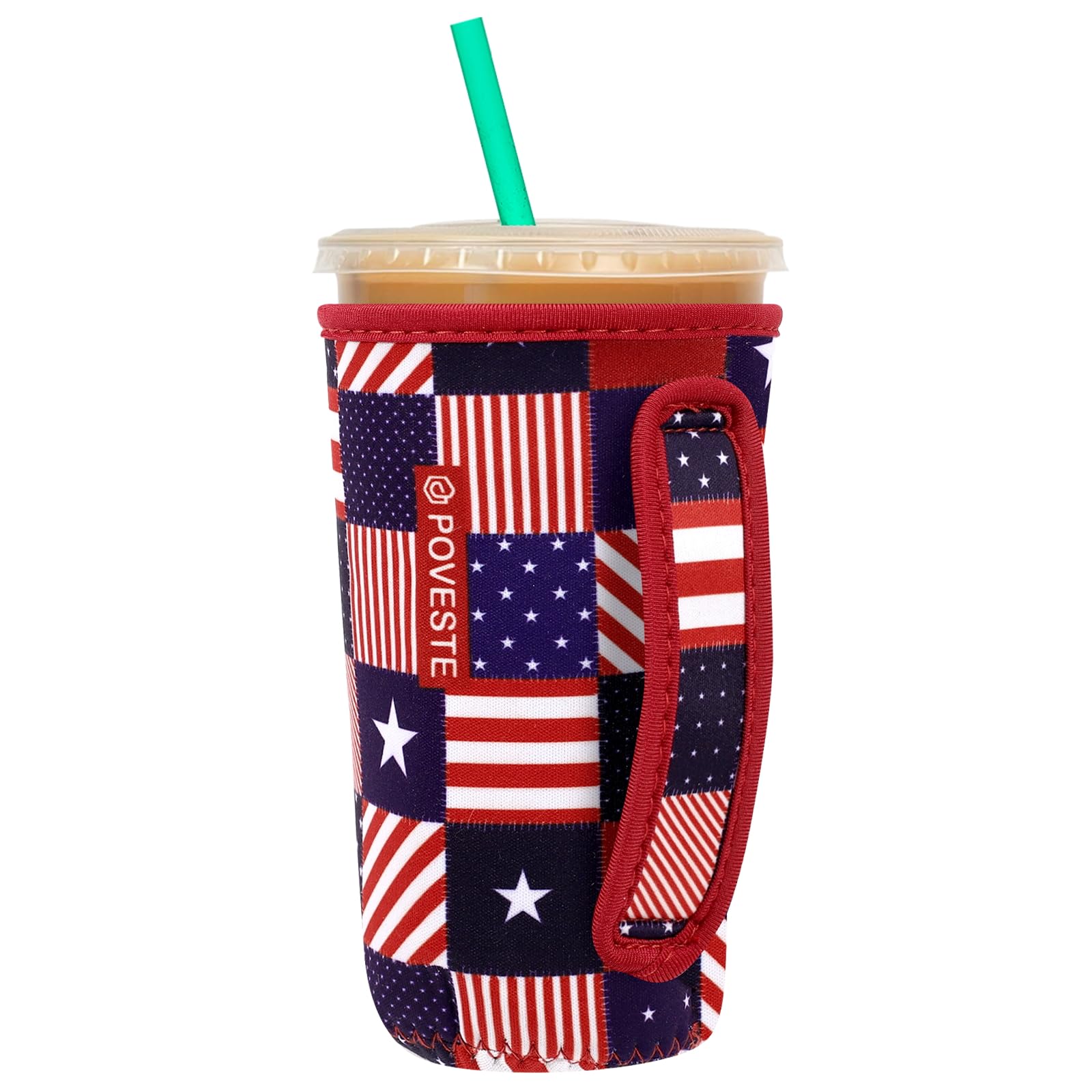 Reusable Neoprene Insulator Sleeve for Iced Coffee &amp; Cold Soda, Coffee Sleeves for Iced &amp; Hot Drinks, Cold Beverage Cooler Compatible with Starbucks, Dunkin (Patriotic Flags, Large: 32oz)
