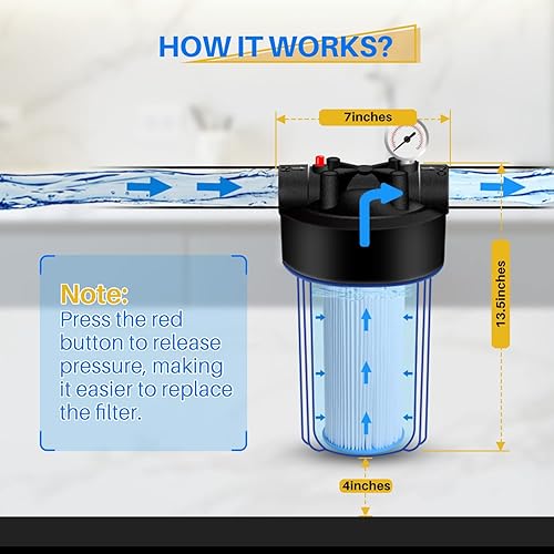 Miniatura 3 de GOLDEN ICEPURE Carcasa de filtro de agua para toda la casa con liberación de presión, cartucho de sedimentos de 10 x 4.5 pulgadas, carcasa universal