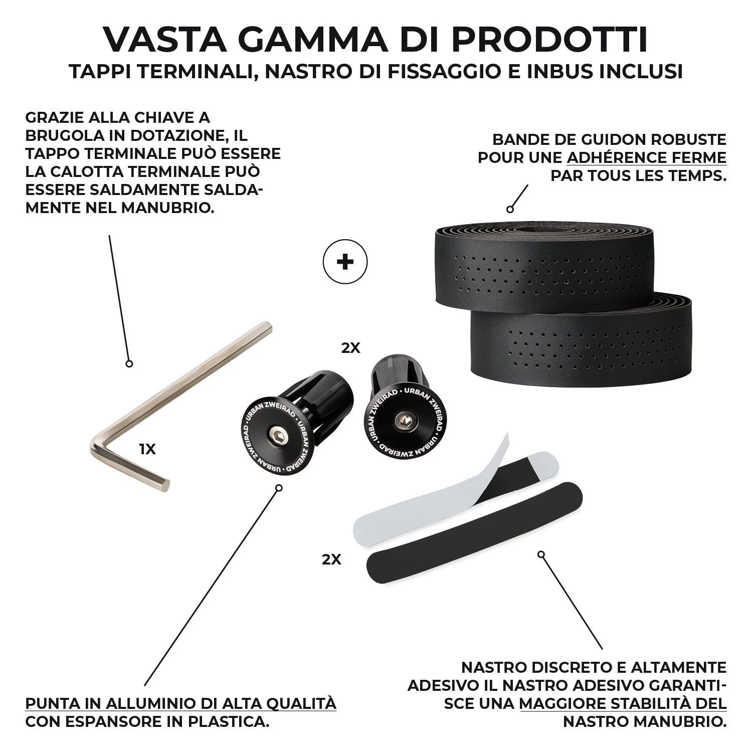 URBAN ZWEIRAD Premium Extra Dry - Nastro manubrio bici corsa nero - Nastro bici da corsa manubrio autoadesivo incl. terminali alluminio - nastro per manubrio bici da corsa e gravel (nero)