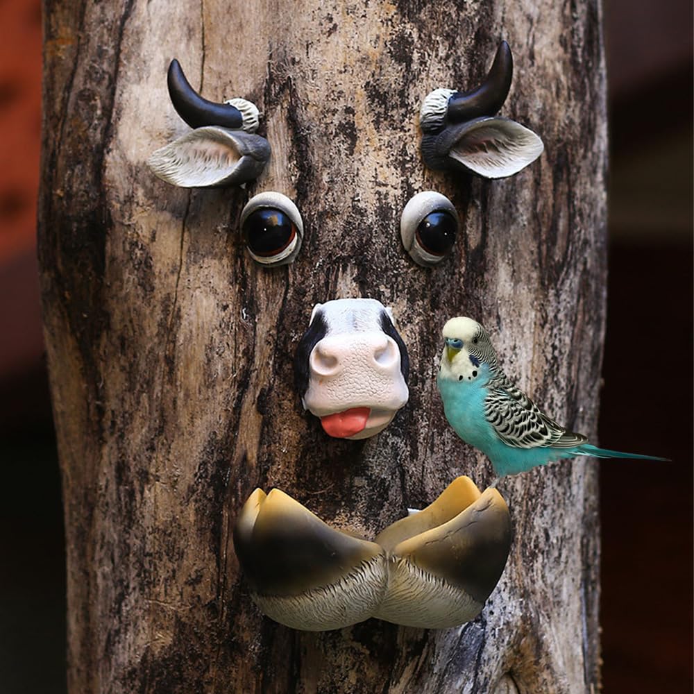 Funny Hanging Tree Face Bird Feeder, Cute Bird Feeders for Outdoors Decor, Whimsical Garden Tree Bark Resin Statues Yard Art (Cow)