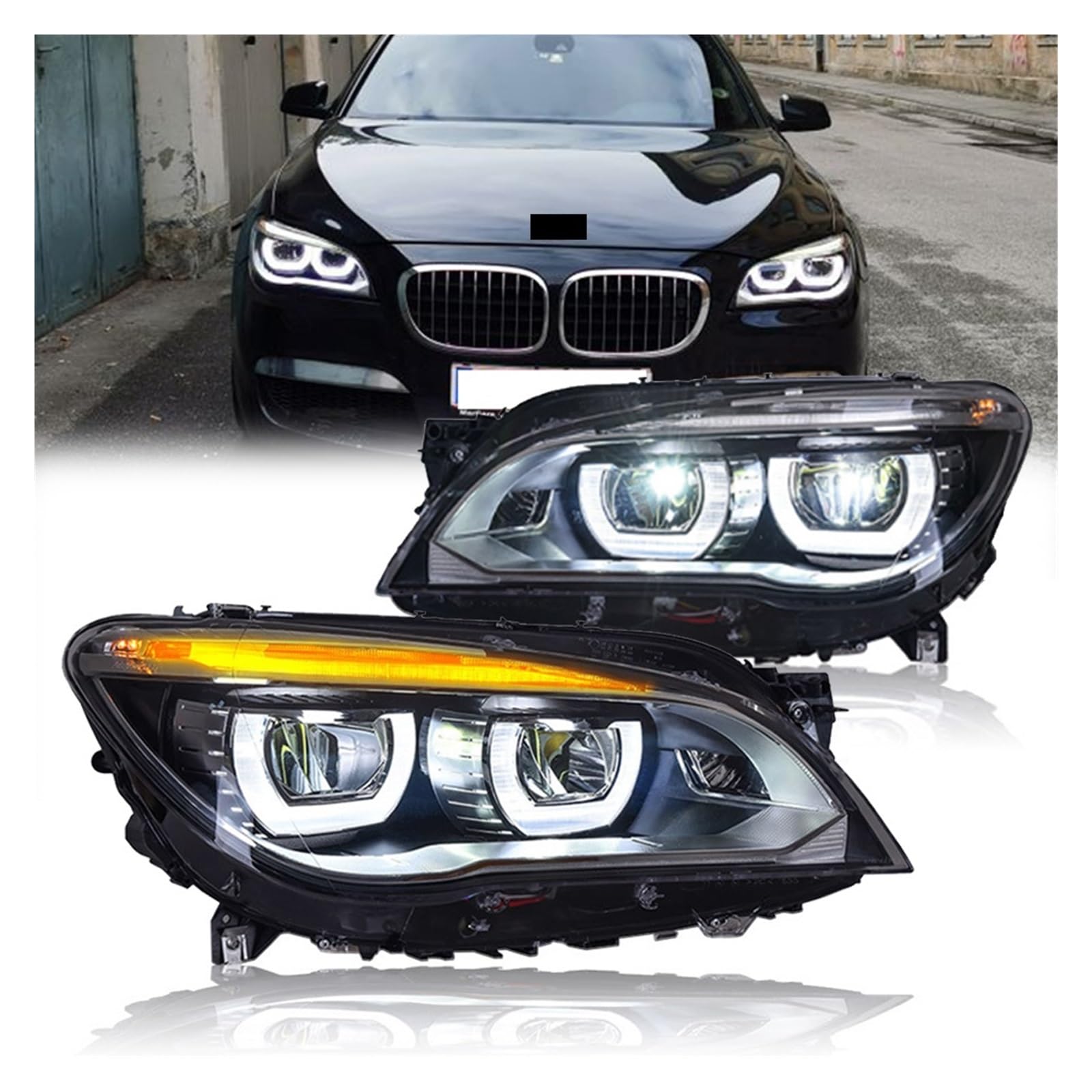 2 fari Anteriori per BMW Serie 7 2009-2015 F01 F02, fari Anteriori modificati con luci diurne a LED e indicatori di direzione, Accessori Completi (- Anno/2 Pezzi)