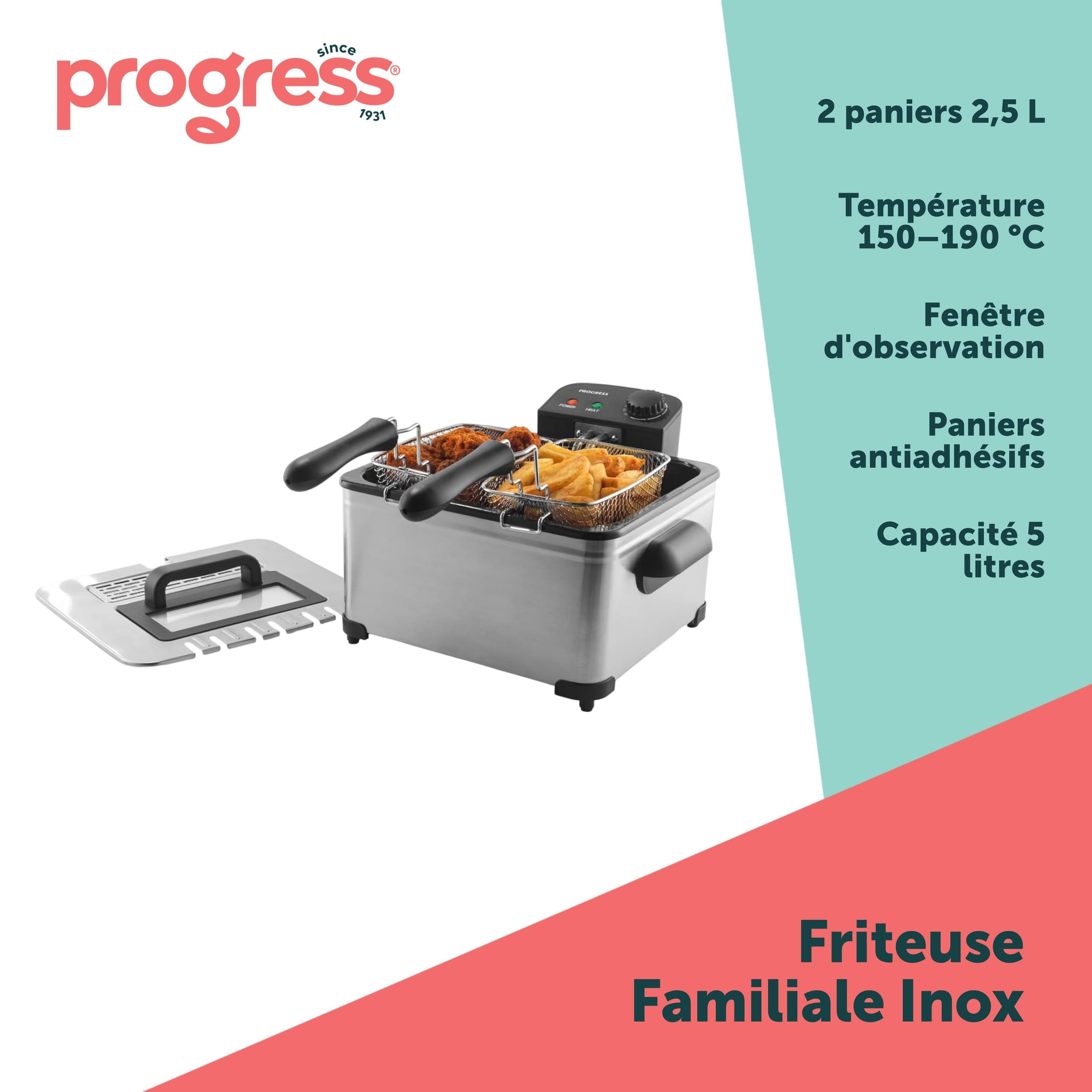 Friteuse à Friture Profonde Progress 5L - 2 x 2,5L, Couvercle de Panier Amovible Antiadhésif, Nettoyage Facile, 150-190°C, Fenêtre d'Observation, Contrôle de Température Réglable, 2000W