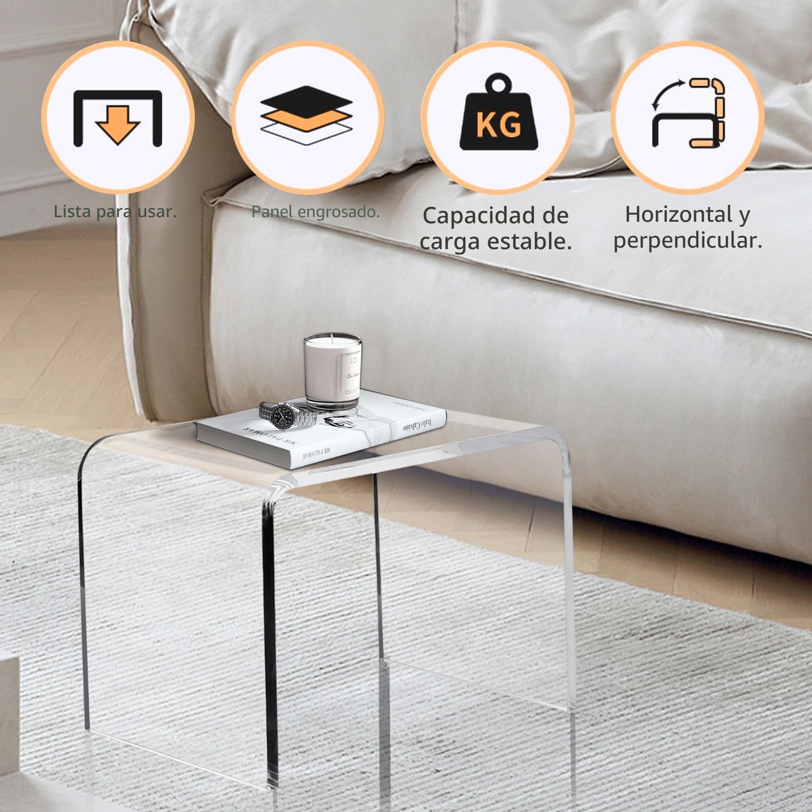 TWSOUL Mesa auxiliar de acrílico transparente, mesa auxiliar en forma de U con bordes redondeados,elegante mesa de centro moderna pequeña,bancos de ducha, taburete de acrílico, taburete transparente