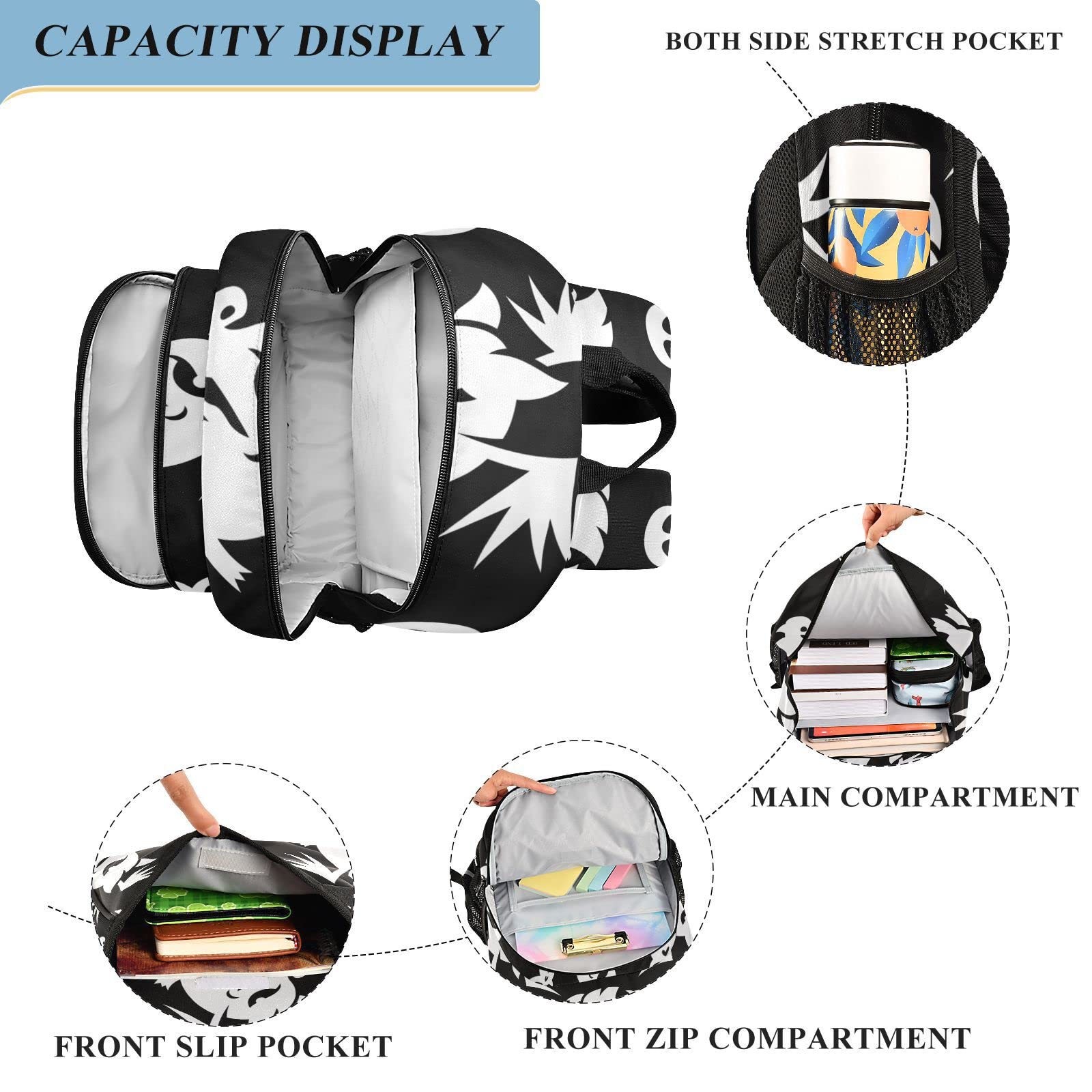 Vnurnrn Geschenke Für Halloween Engel Schwein Zucker Schwarz Schulter Rucksack Kinderrucksack Für Schule Mädchen Jungs Büchertasche Schülerrucksack mit Laptop Rucksäcke
