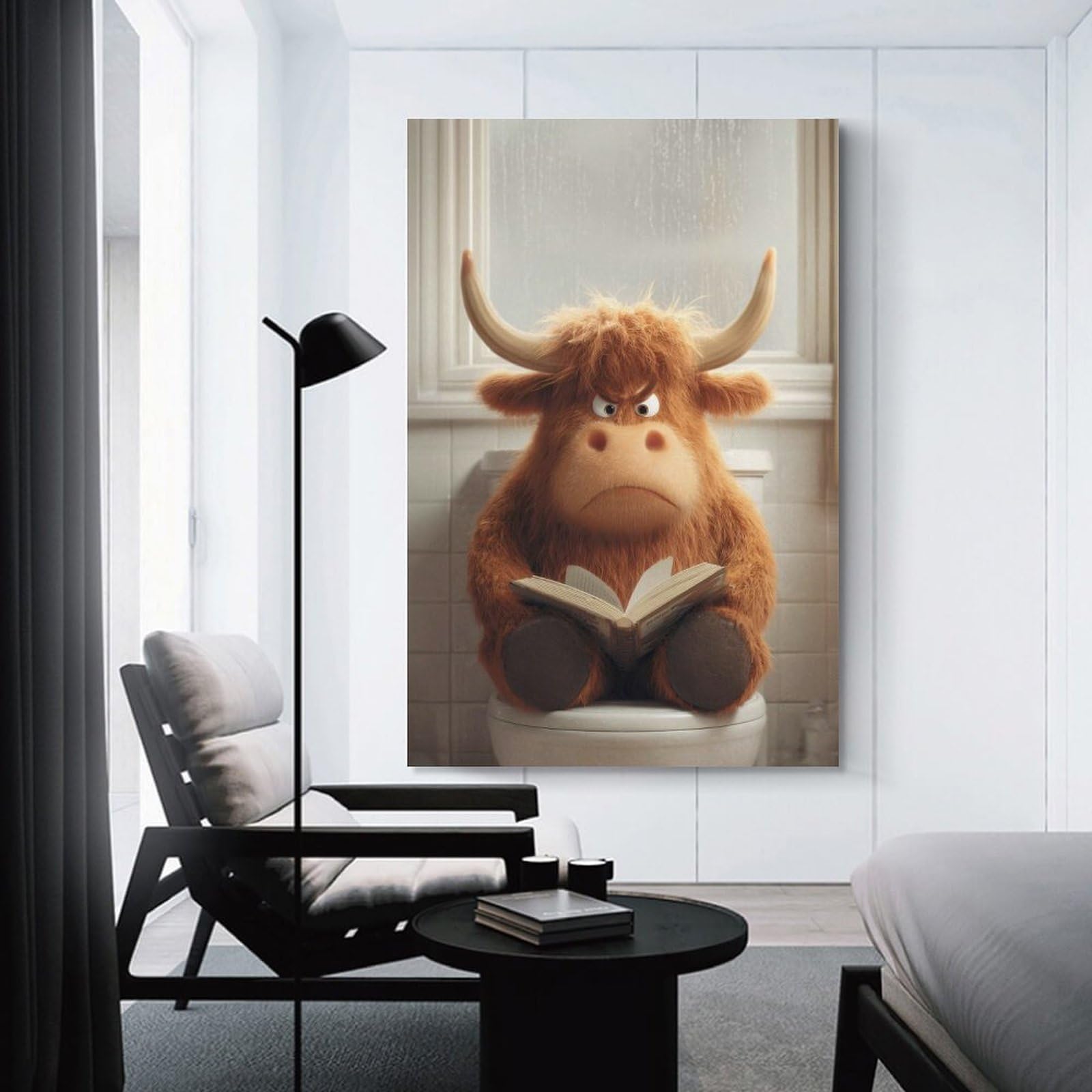 Junmoney Grumpy Highland Cow Reading on Toilet Decorative Wall Artwork, 24x36inch(60x90cm), for New Homes, Bedrooms Or Workspaces, Gift Idea for Housewarming And Birthdays