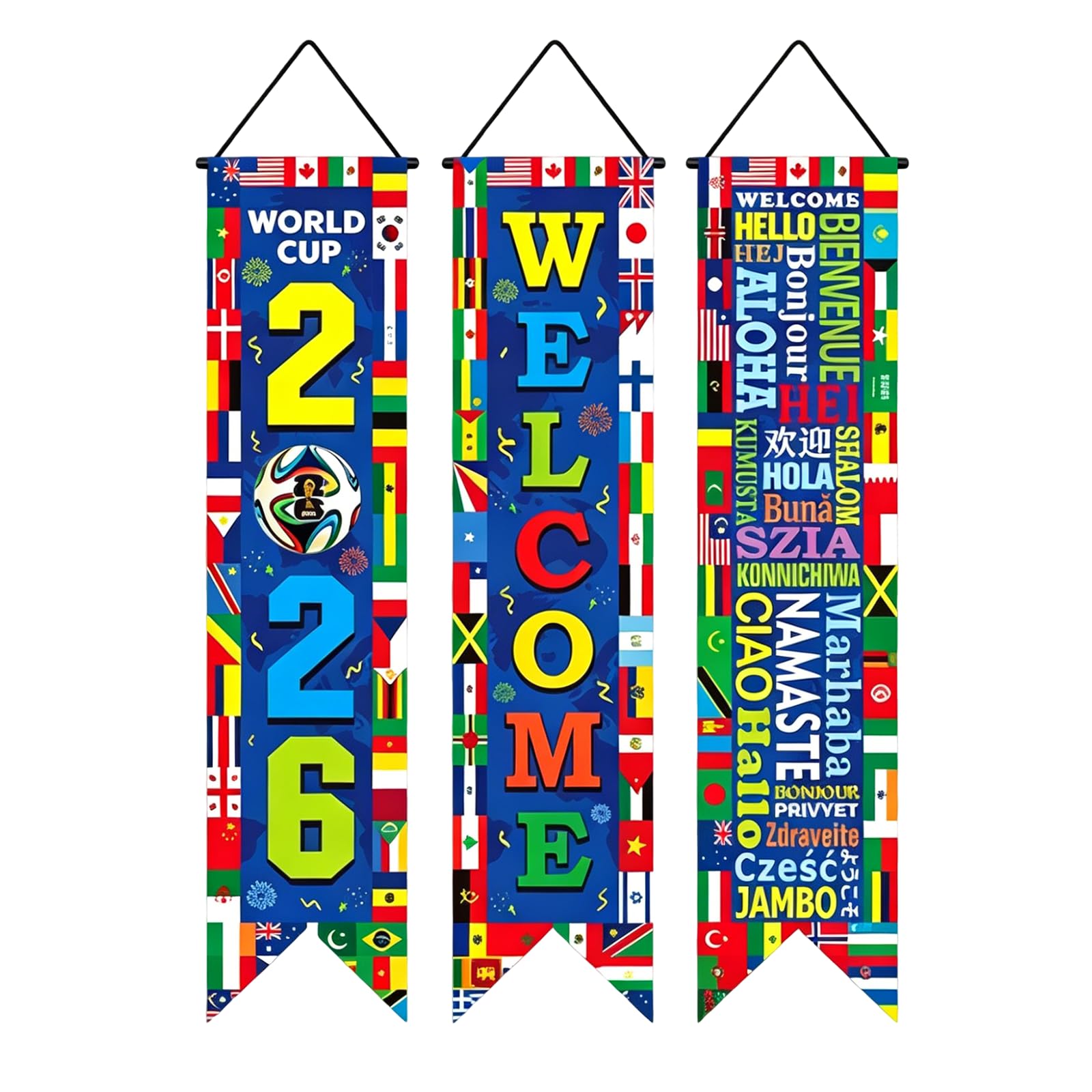 3 Pieces World Football Decorations 130x30cm/51.18x11.81in 2026 Door Hanging Banner Football Party Decoration for Sports Events Home Wall Porch Front Door Backdrop Party Decor (Style A)