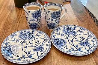 GOLDEN QUEEN'S Mug & Snack Plate Set of 2 Mugs & 2 Plates | Microwave Safe | Ideal for Casual Gatherings and Relaxing Moments - Sapphire Bloom