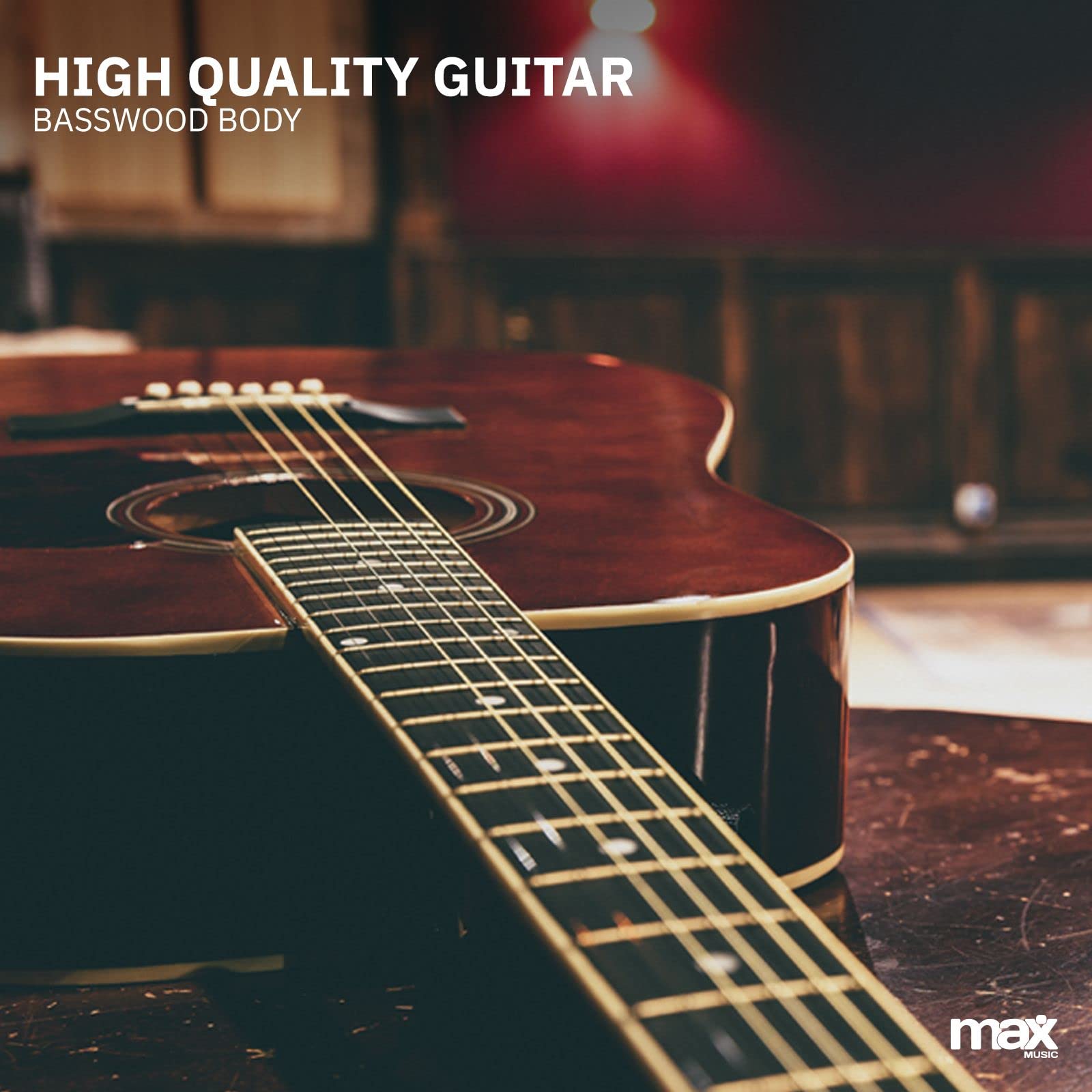 MAX SoloJam Westerngitarre, Akustik Gitarre Set, Acoustic Guitar, Akustikgitarre 4/4 mit Tasche, Gitarrenständer, Fußstütze, Plektrum, Stimmgerät, Schultergurt, Saiten, Anfängergitarre - Holzbraun