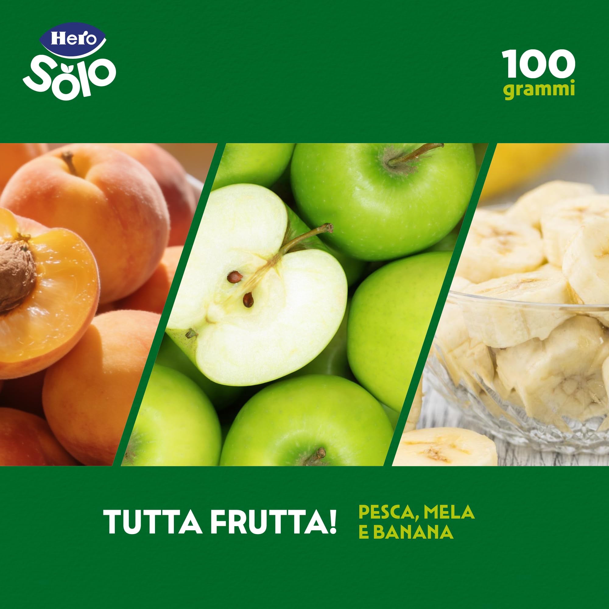 Hero Solo Pouch Frutta Pesca, Mela e Banana con Vitamina C – Senza zuccheri aggiunti, Senza glutine - Per bambini dai 6 mesi - 18 x 100 g