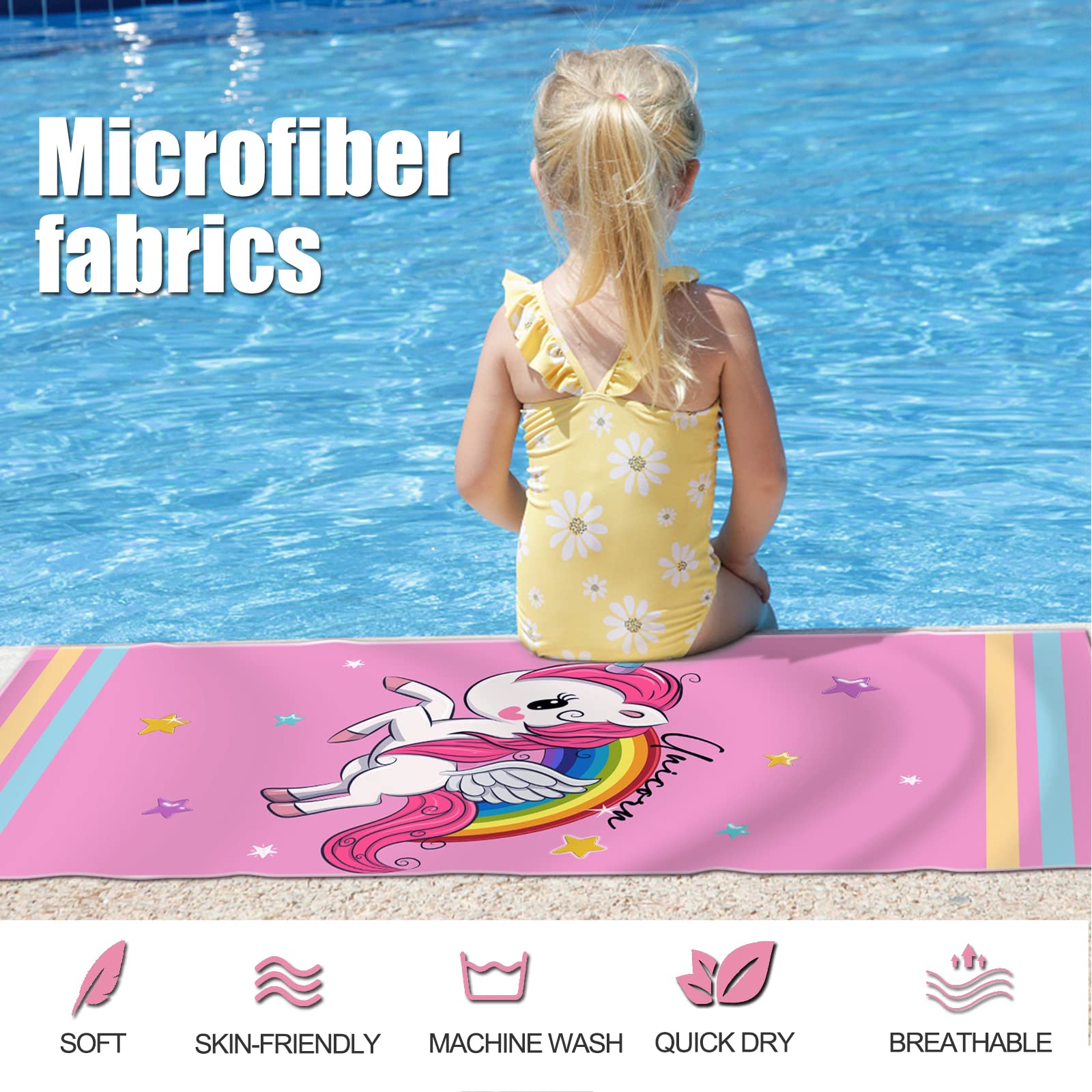 LXTOPN Telo mare unicorno, telo mare in microfibra, per ragazze, 80 x 160 cm, asciugamano per bambini, asciugamano da bagno, asciugamano da doccia ad asciugatura rapida, con bottoni ed elastico