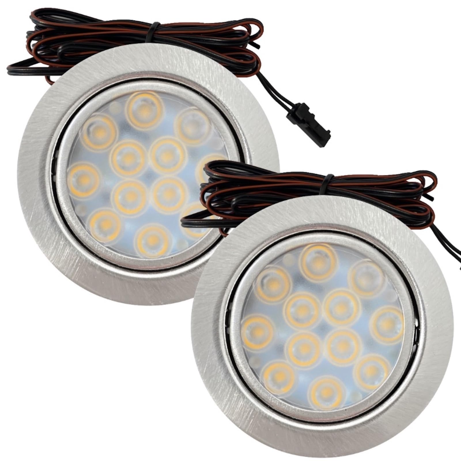 LED Möbel Einbauleuchte Lina 12V 2er Set – ultraflach 12 mm, warmweiß 3000 K, Plug & Play mit Trafo, Edelstahl-Optik, Einbauspots für Möbel, Schränke, Regale, Vitrine und vm. Loch 55–60 mm