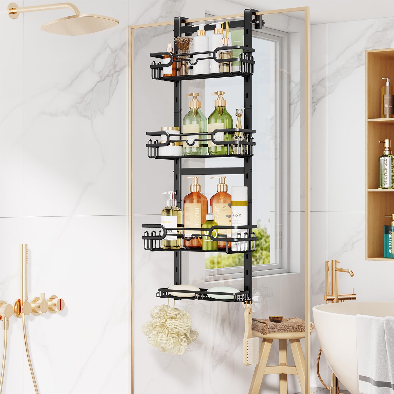 HapiRm Estante de ducha para colgar – Estantería de ducha colgante ajustable con 4 niveles cesta de ducha, estante de ducha sin taladrar con jabonera y ganchos, estante de ducha sobre la puerta, pared