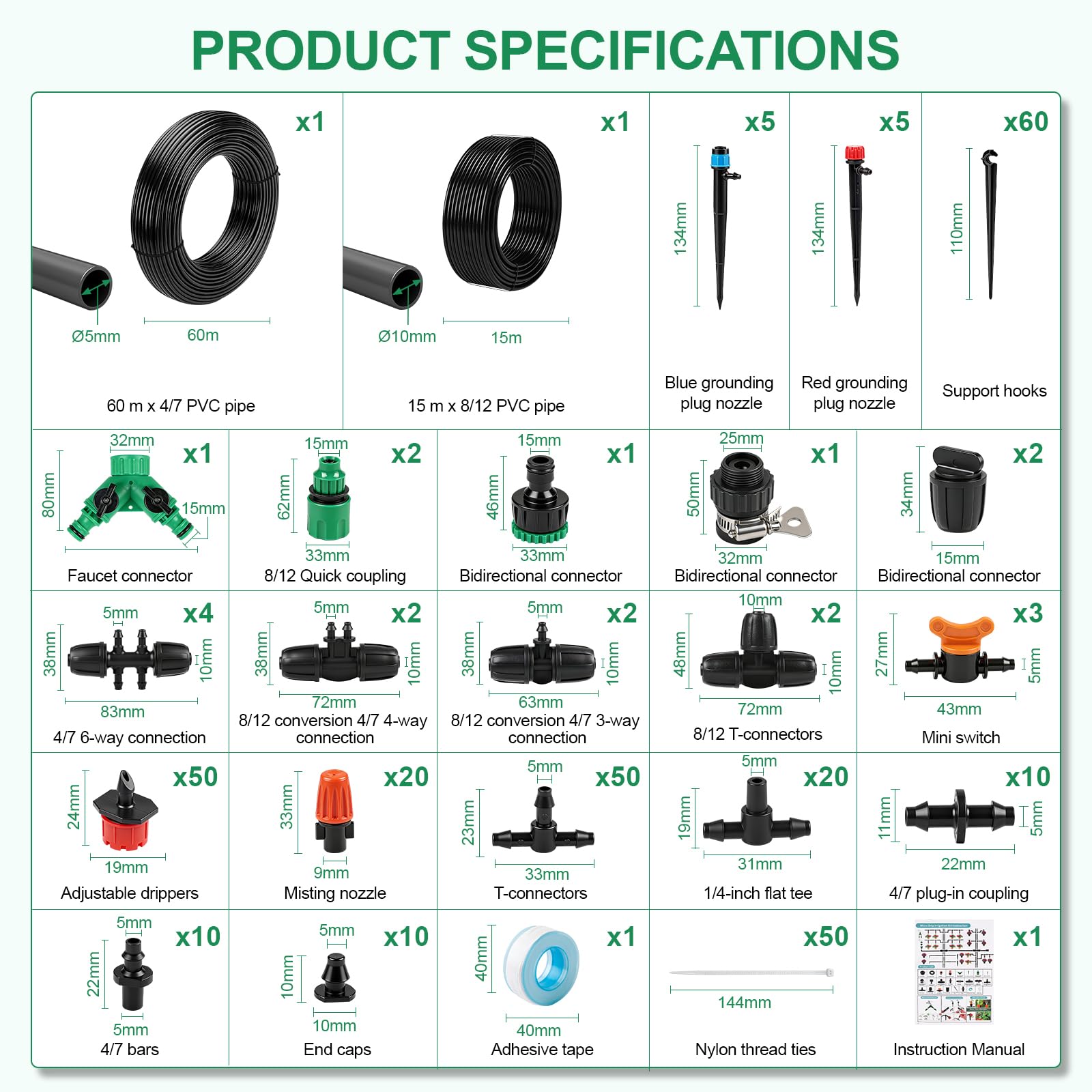 315 PCS Kit Irrigazione a Goccia per Orto con 60+15 m Tubo, Impianto Irrigazione Giardino Professionale, Sistema di Irrigaziona per Giardino Piante, Serra, Balcone Vasi, Impianto Prato