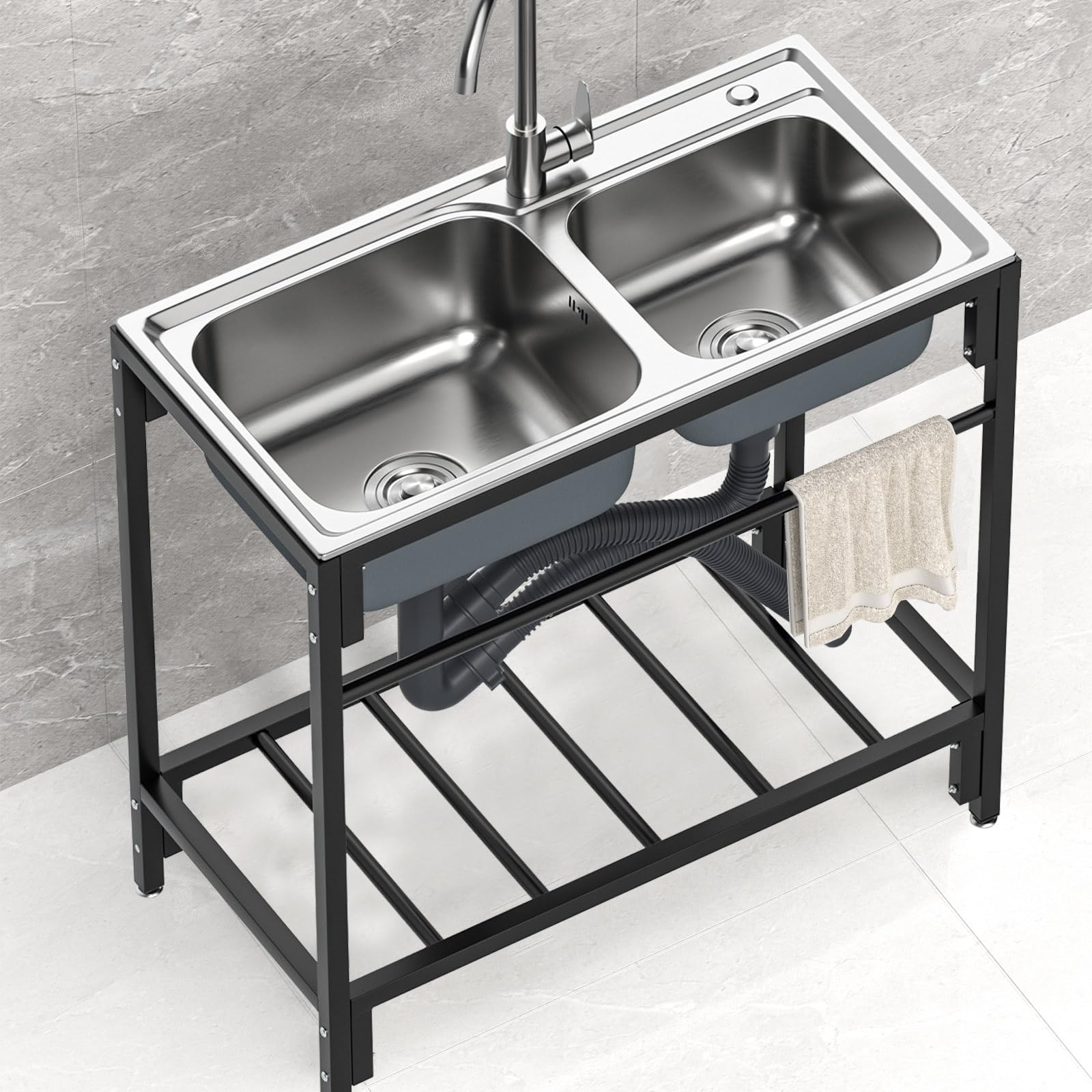 ZQFHSX Utility Sink Double Bowl Kitchen Sinks 304 Stainless Steel with Storage Shelf Freestanding Outdoor Faucet for Laundry Room 83 * 44 85cm