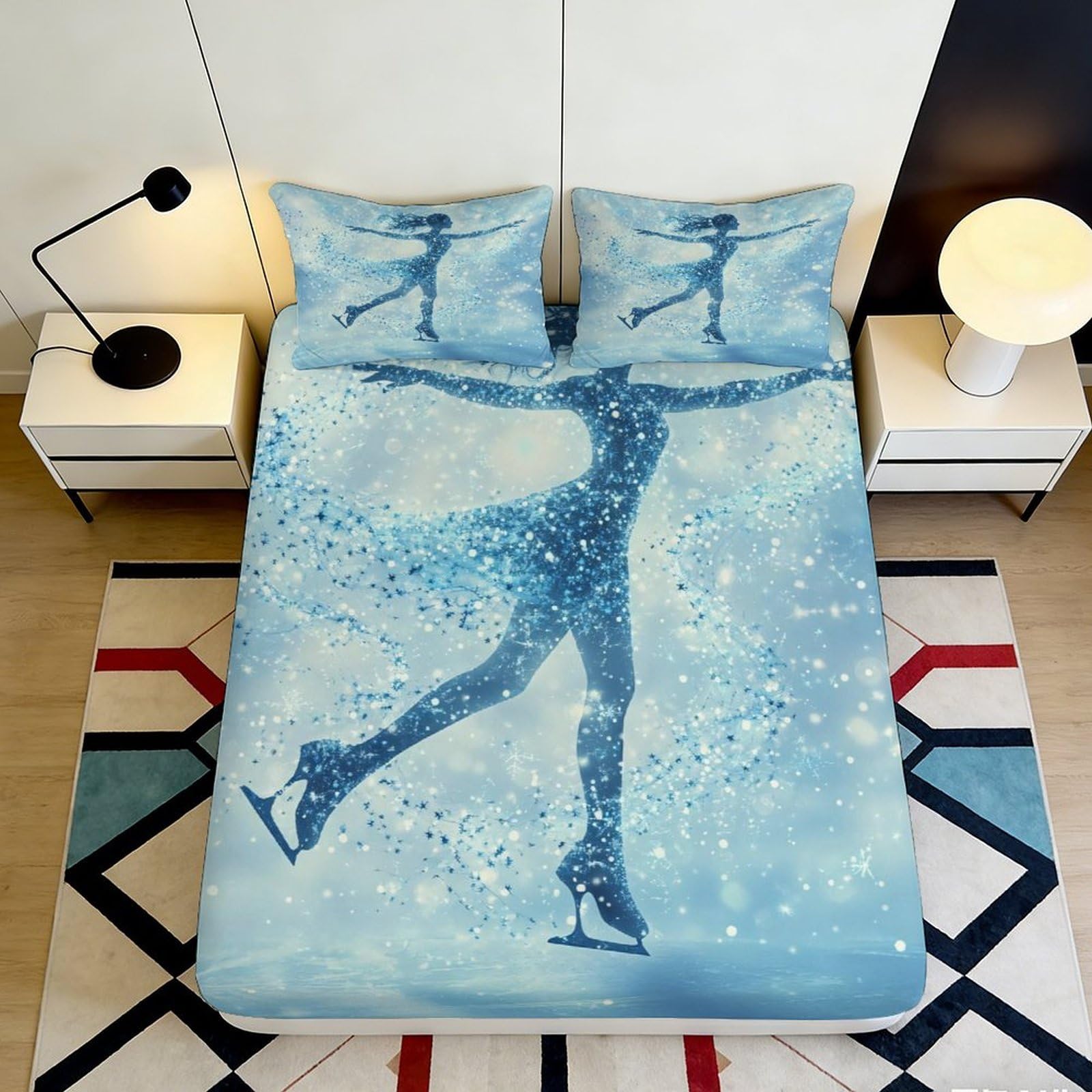 Uynsixtme Style-9 3D Printed Ice Skating Fitted Sheet Microfiber Deep Pocket Non-Slip Bedroom Bedding Set Ice Skating Mattress Fitted Cover For Adults Teens 140X200x25cm