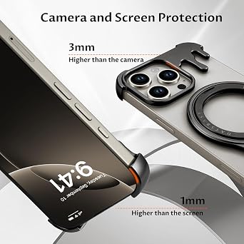 OATSBASF Frameless Bumper Case for iPhone 16 Pro Max 6.9 Case, Metal Kickstand 360 Rotatable Magnetic Stand, Minimalist Aluminum Bumper Protective, Bezel Less Slim Shockproof + Easy Fit, Black