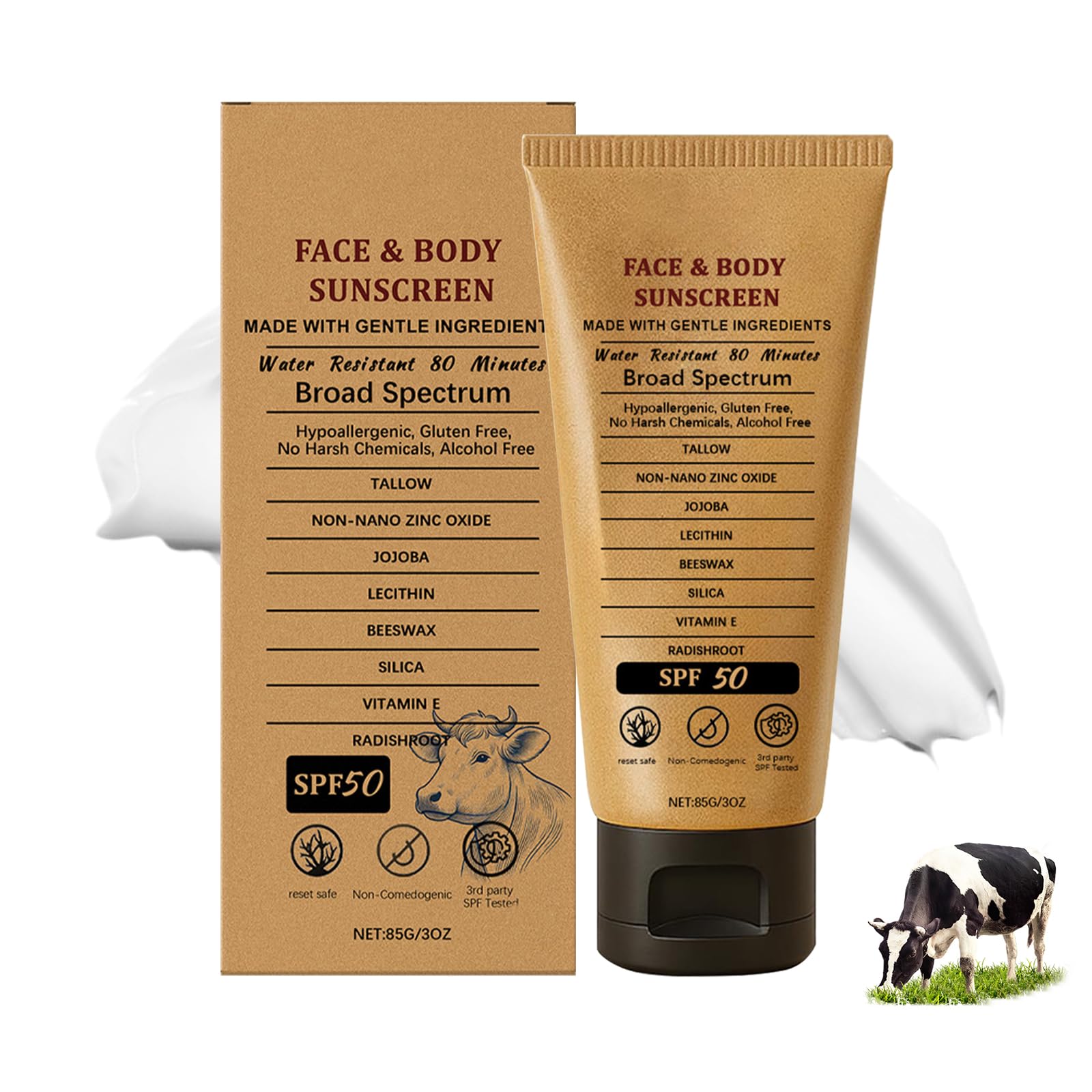 Beef Tallow Sunscreen Natural Mineral Sunscreen for Face SPF50 Sunblock Beef Tallow for Skin Non Greasy Clean Anti