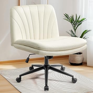 NEO CHAIR Criss Cross Chair with Wheels Armless Cross Legged Office Desk Wide Comfy Vanity Makeup Chair Adjustable Swivel Rolling Computer for Home Office PU Leather Beige