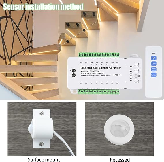16 Channel 9 Modes LED Motion Sensor Stair Light Controller Automatic Stairway Ladder Light Controller Step Motion Sensor System Speed Brightness Adjustable (16 Channels with Control)