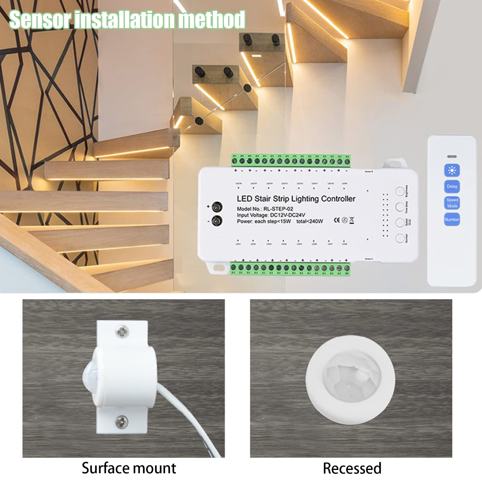 Treppenbeleuchtung Controller mit Bewegungsmelder,LED-Strip-Controller 12V bis 24V,mit Helligkeits-,Geschwindigkeits- und Zeitverzögerungsfunktionen (Neun-Modell, bis 16 LED, mit Fernbedienung)