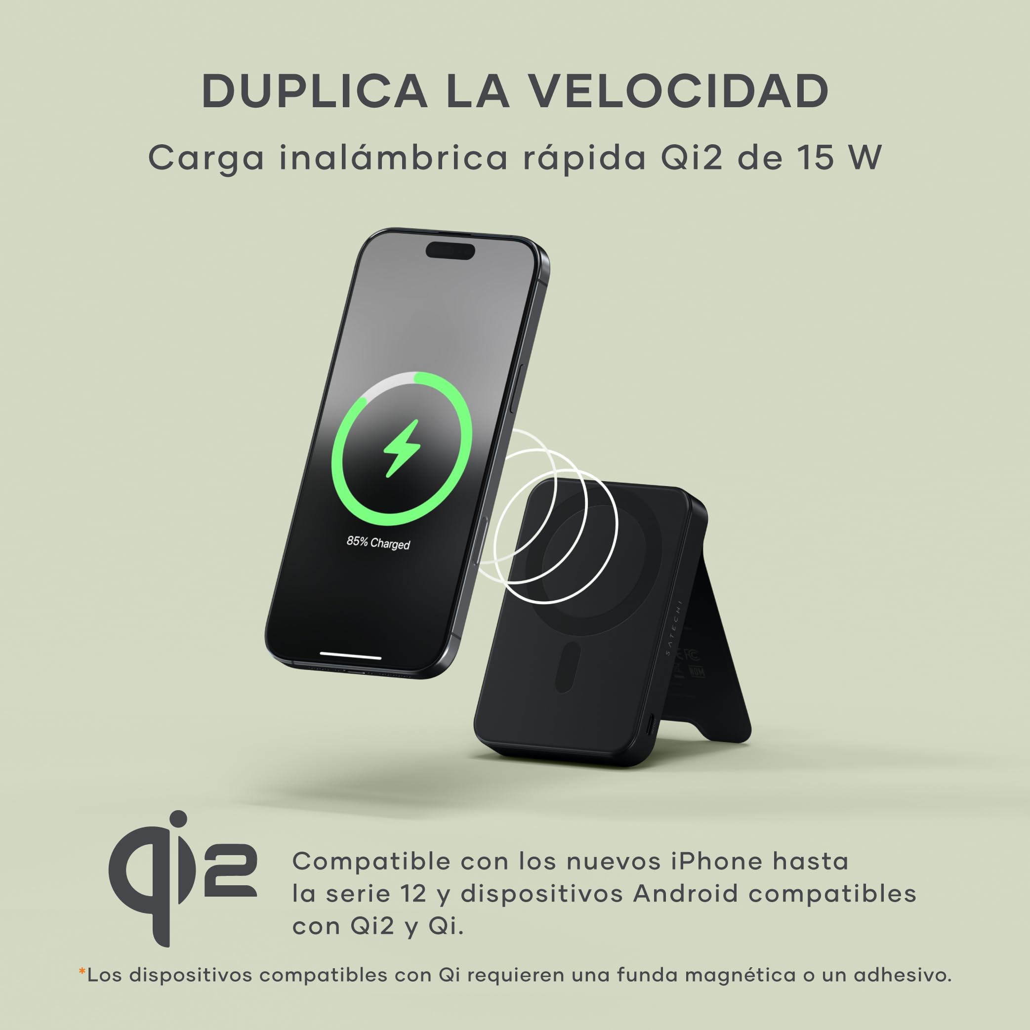 SATECHI OntheGo Power Bank MagSafe 10000mAh, Qi2, Soporte Integrado, Negro | 15W carga inalámbrica rápida para iPhone y Android, compatible con iPhone 17-12 y más