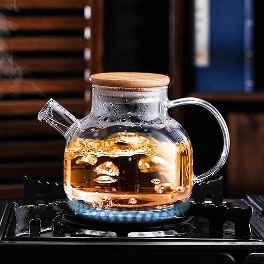 NVRA Premium 1000ML, Borosilicate Clear Tea Kettle with Bamboo Lid, Glass Tea Pot with Removable Filter Spout, Teapot Blooming and Loose Leaf Tea Maker Tea Brewer for Camping(1ltr)