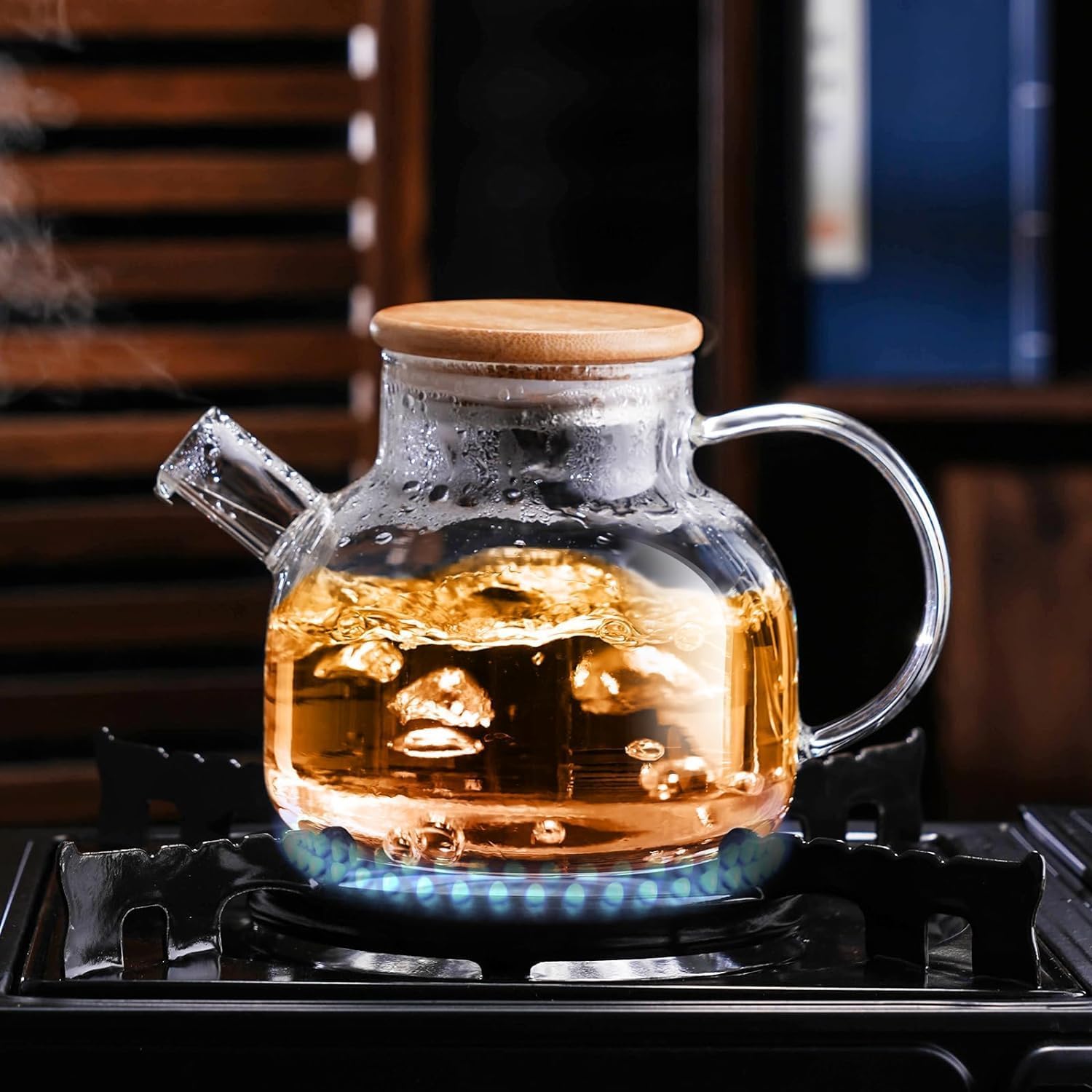 NVRA Premium 1000ML, Borosilicate Clear Tea Kettle with Bamboo Lid, Glass Tea Pot with Removable Filter Spout, Teapot Blooming and Loose Leaf Tea Maker Tea Brewer for Camping(1ltr)-image-15