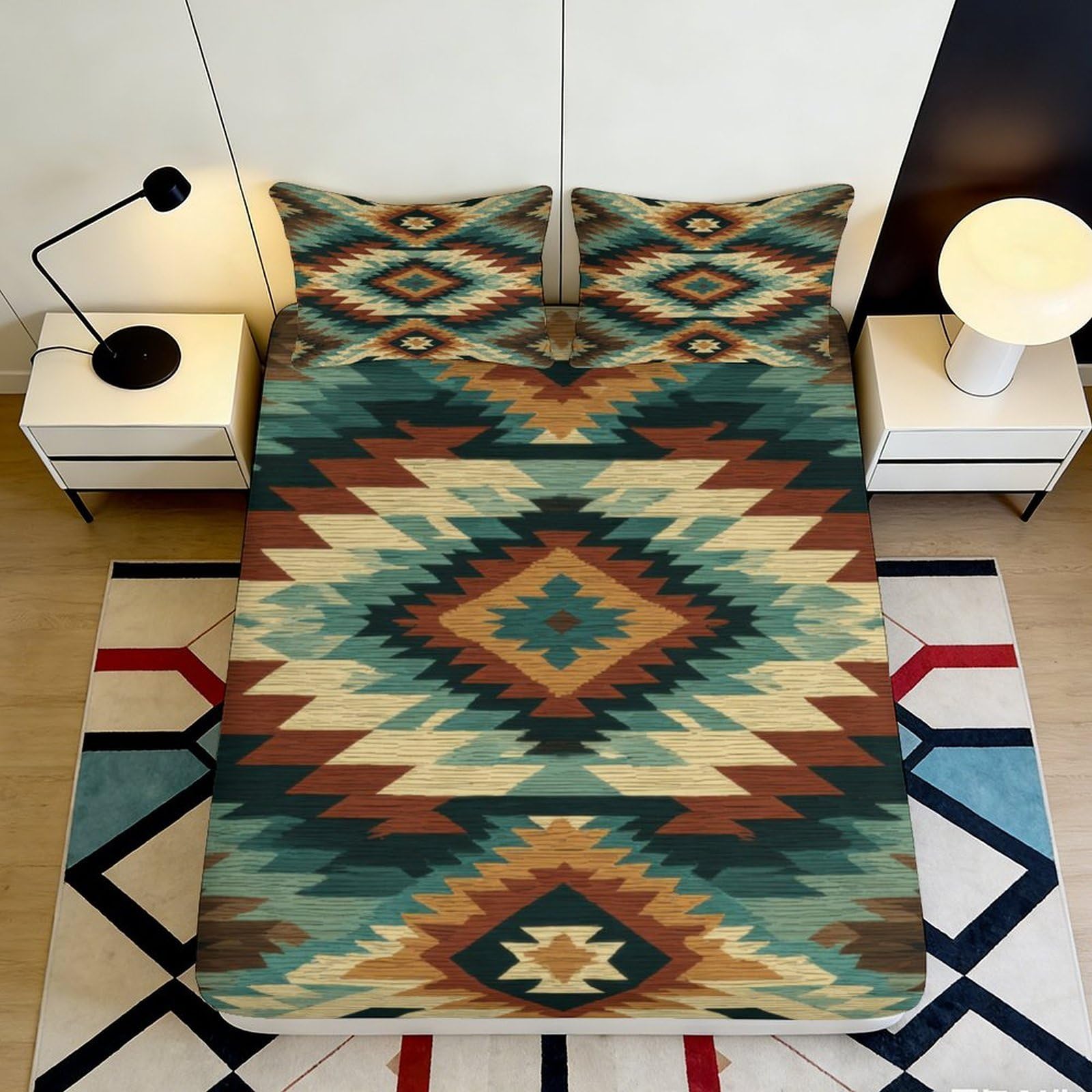 3D Printed Aztec Geometric Fitted Sheet Microfiber Soft Breathable Southwest Tribal Bed Cover for Bedroom Decor Mattress Protection 90x200x25cm