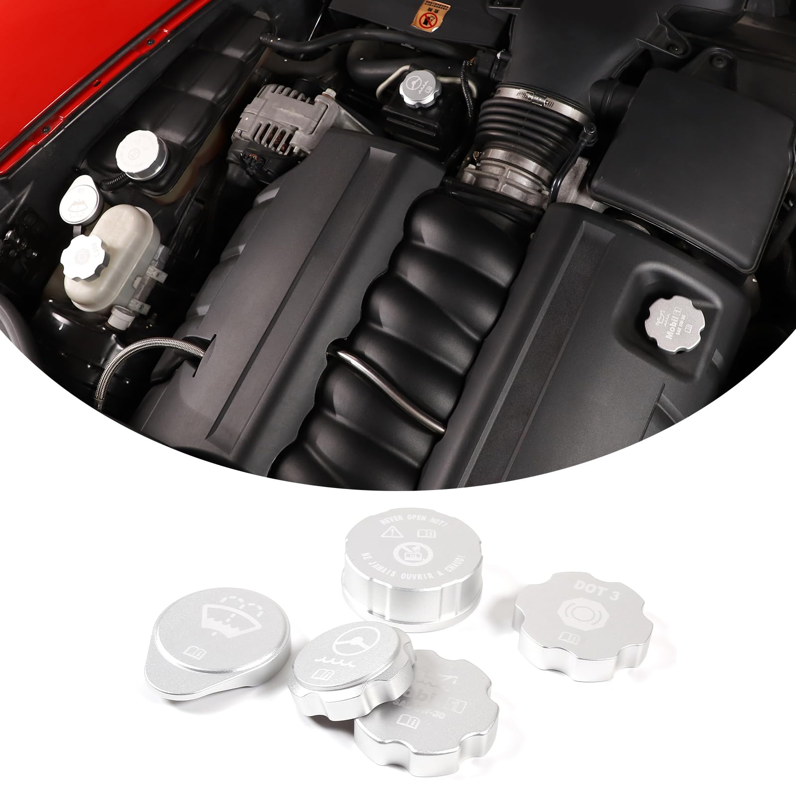 PIUGILH Car Engine Oil Cap Radiator Cap Brake Fluid Cap Cover Fit for C6 Corvette 2005-2013 Accessories, Aluminum Alloy Car Engine Bay Cap Cover Kit Protection Cover Trim, 5Pcs