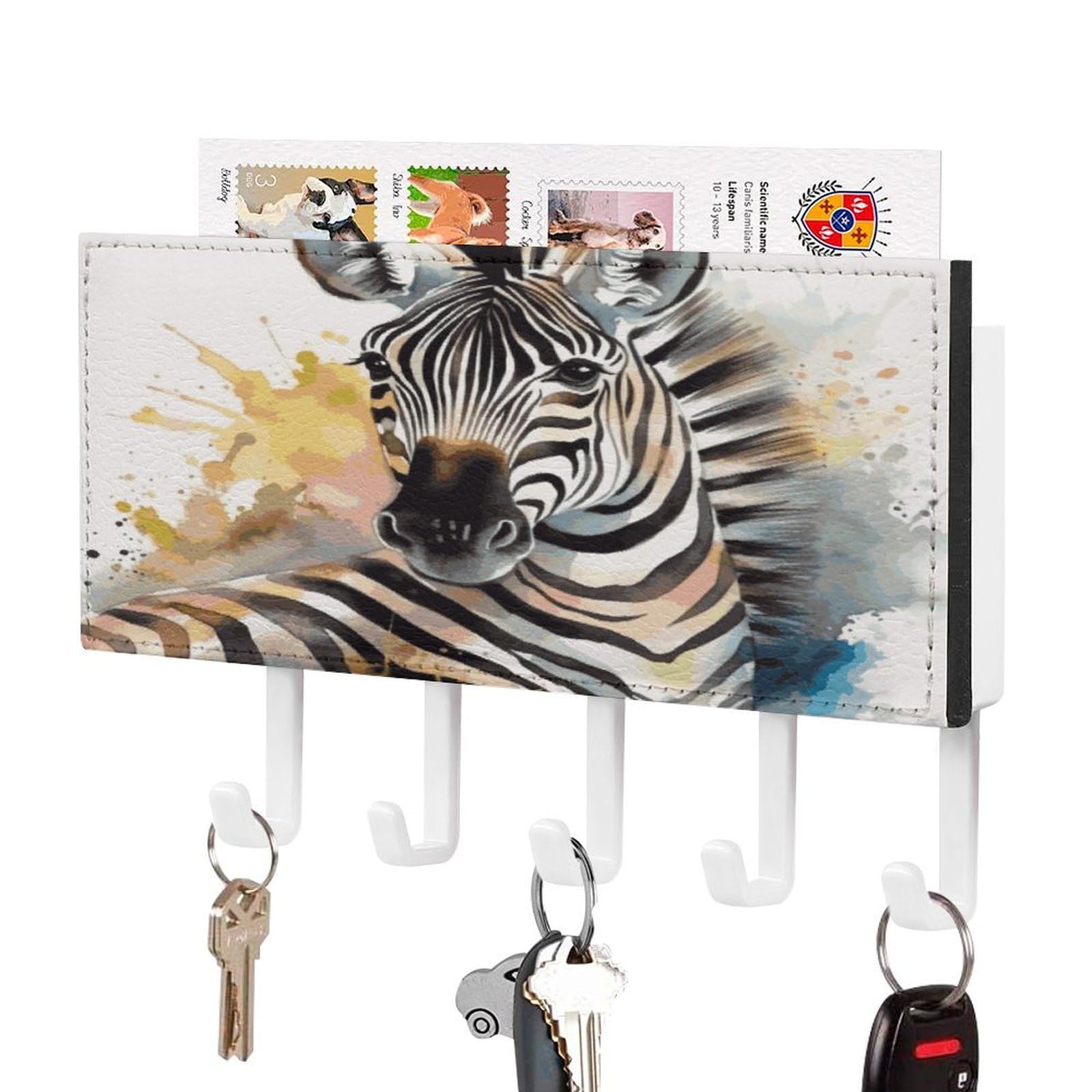 FekiLoot Cute Zebra Watercolor Key Holder Wall Mount Key and Mail Holder Key Hanger with 5 Hooks Decorative PU Key Rack Hanging Key Hooks for Wall Living Room Kitchen Bathroom Hallway White-Style