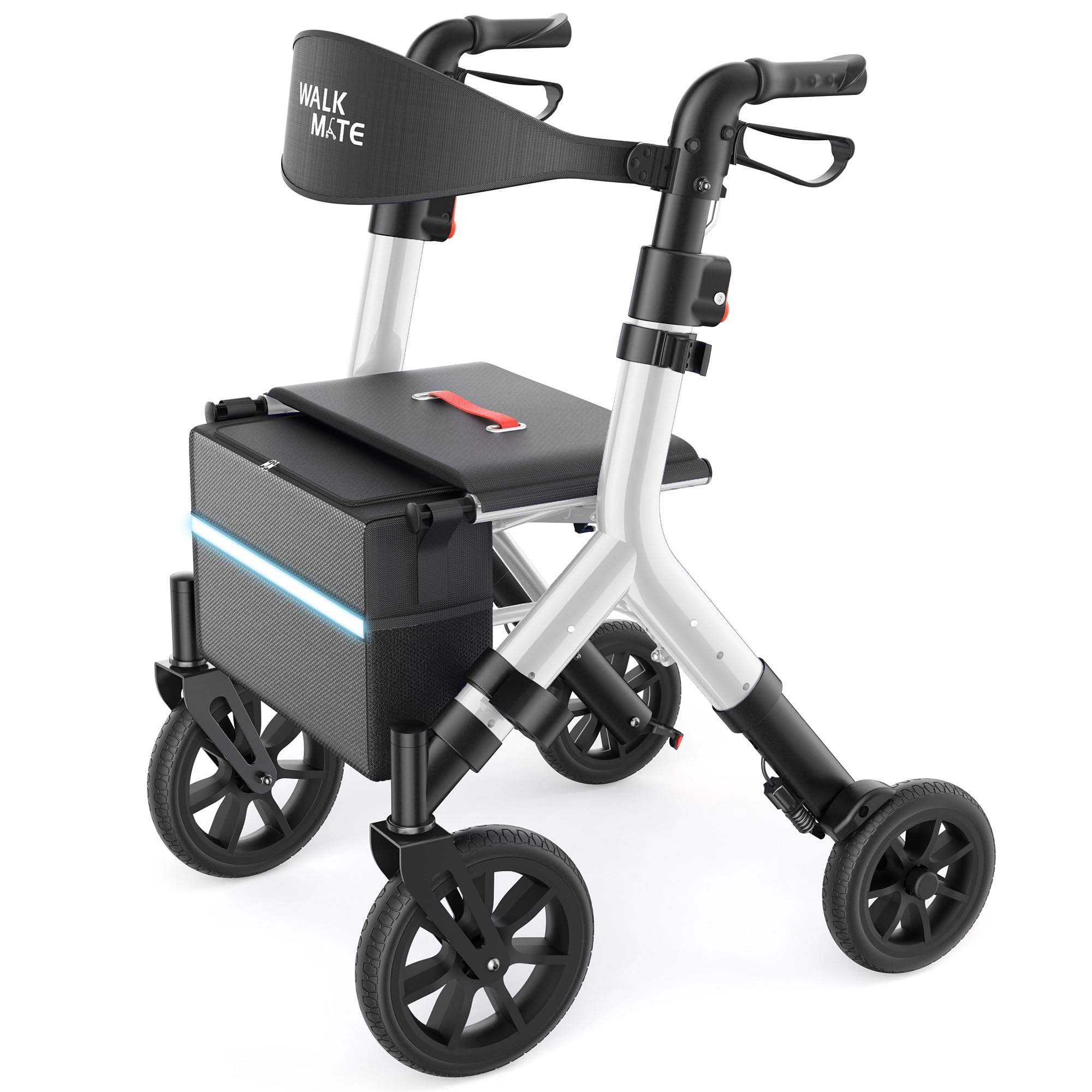 WALK MATE Andador con ruedas para ancianos de 1,5 a 2,8 m con asiento ajustable en altura, ruedas de 25,4 cm, andadores ocultos con alambre, diseño plegable compacto, ayuda para cami