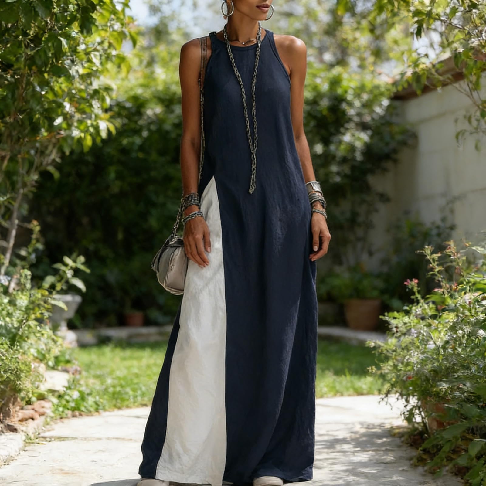 Maxi abito estivo da donna, senza maniche, girocollo, con spacco laterale, con tasche, casual, spiaggia, vacanze, uso quotidiano, leggero, morbido, vestibilità larga, comodo, da donna