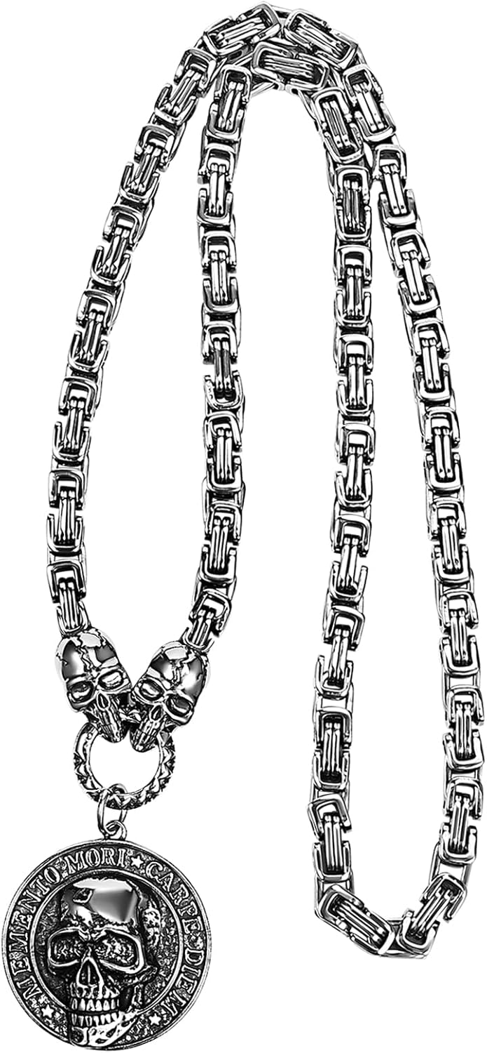 Aroncent Memento Mori Skull Necklace: Gothic Stainless Steel Coin Pendant Italian and Hindi Engraved Unisex Jewelry - Byzantine Chain 21.26" Adjustable