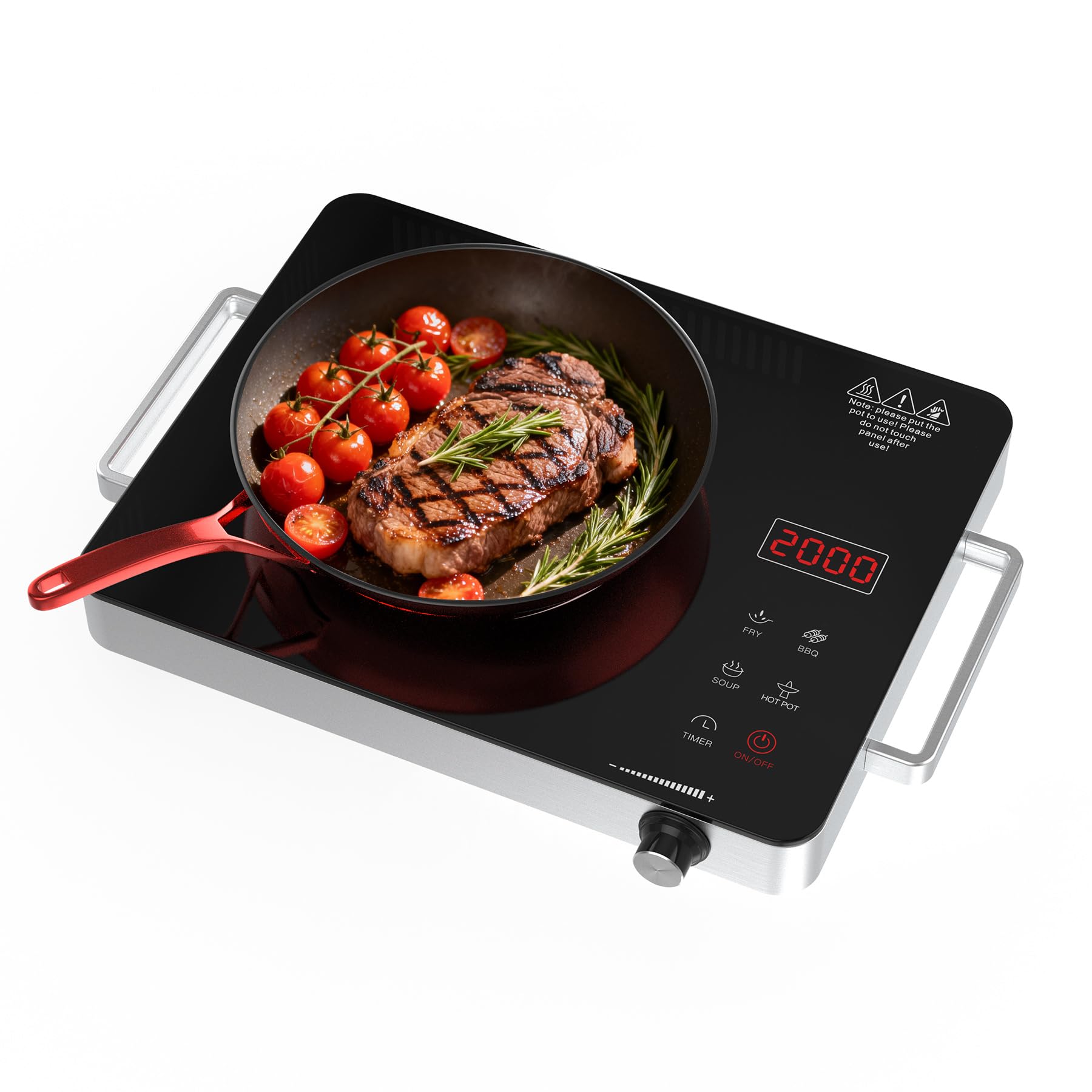 Glaskeramikkochfeld 2000W, Tragbare Kochplatte Elektrisch 1er 36 cm mit Isolierten Griffen, 4 Kochmodi & 4H-Timer, Kochplatte Infrarot für Alle Töpfe, Tisch, Balkon und Camping
