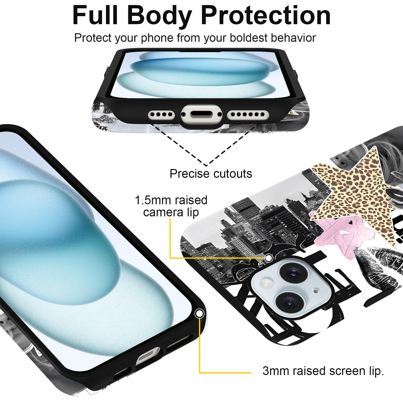 Custodia compatibile con iPhone 15, custodia protettiva ibrida a 2 strati con collage di Star Coquette, custodia protettiva antigraffio ibrida a 2 strati per ragazza, ragazzo, donne, uomo-CZ03