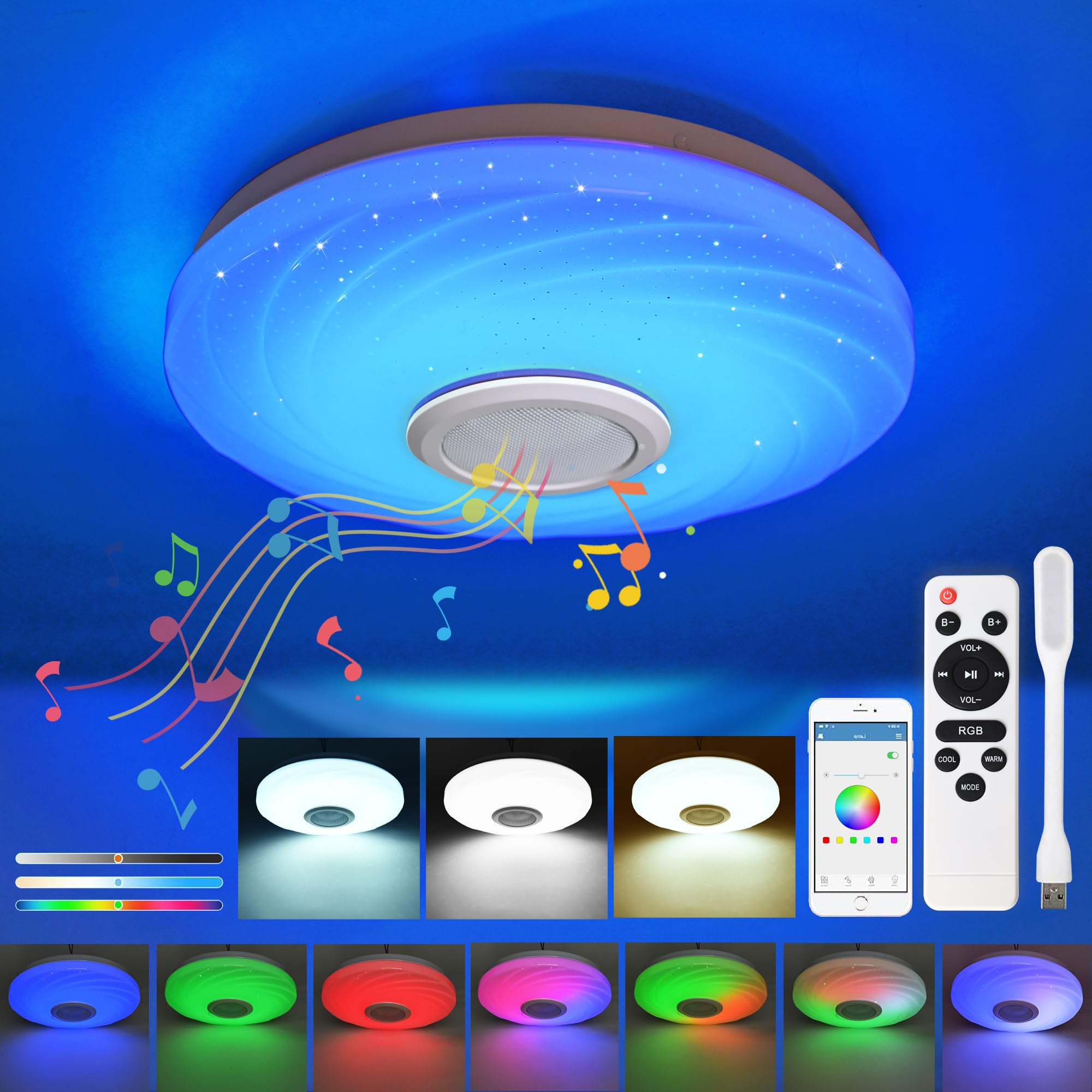 Lampara Techo LED Regulable 36W Plafon RGB con Altavoz Bluetooth Candeeiro Teto Quarto Luz + LED USB Juveniles Dormitorio Habitacion Salon Modernas Luces Musica ilink Colores, con Mando y APP, Ø30CM