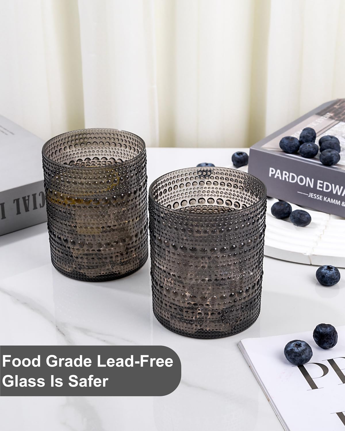 YOUBET 24PCS Plastic Drinking Glasses - 14OZ Black Hobnail Drinkware Glasses - Vintage Glassware Textured Beaded Cups for Water, Beer, Whiskey, Juice and Various Mixed Drinks for Party