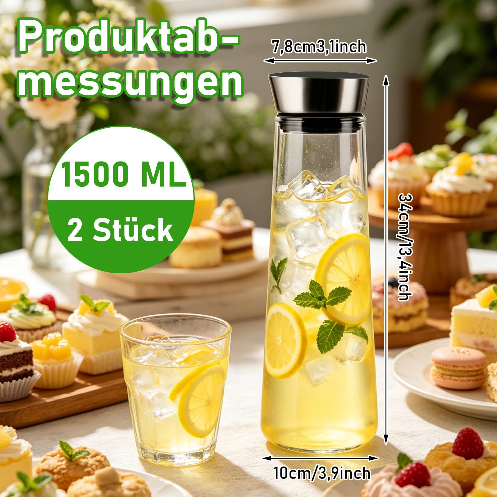 2 caraffe per acqua in vetro da 1500 ml con coperchio in acciaio inox, caraffa in vetro con coperchio da 1,5 l, caraffa per acqua con beccuccio, caraffa per acqua in vetro per bevande fatte in
