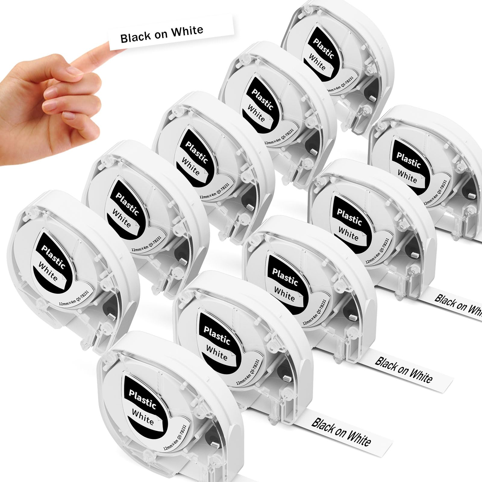 Phomemo P12 Label Maker Tape Replacement for DYMO LetraTag Label Maker Refills Pastic 16952 Tape for DYMO Letra Tag 100H LT-100T Plus LT110T, 1/2 in x 13 Ft (12mmx4m),Blakc on White,10-Pack