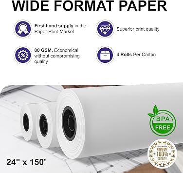 24 x 150ft Wide Format Paper 2 Core, White Plotter Paper CAD Bond 4 Rolls