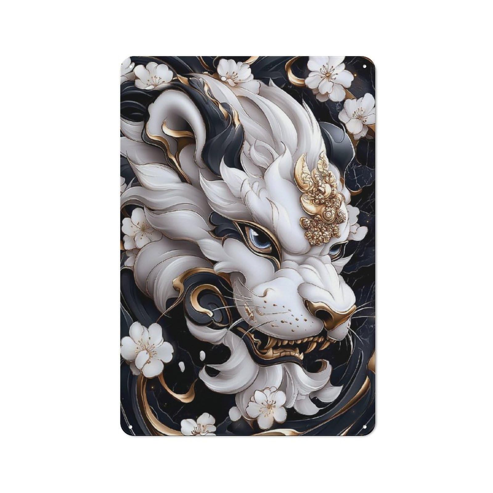 Junmoney Style-13 White Lion With Gold Accents Cottage Style Metal Wall Decor 30X20cm, Farmhouse Metal Sign For Kitchen, Cottage, Porch Or Garden Room