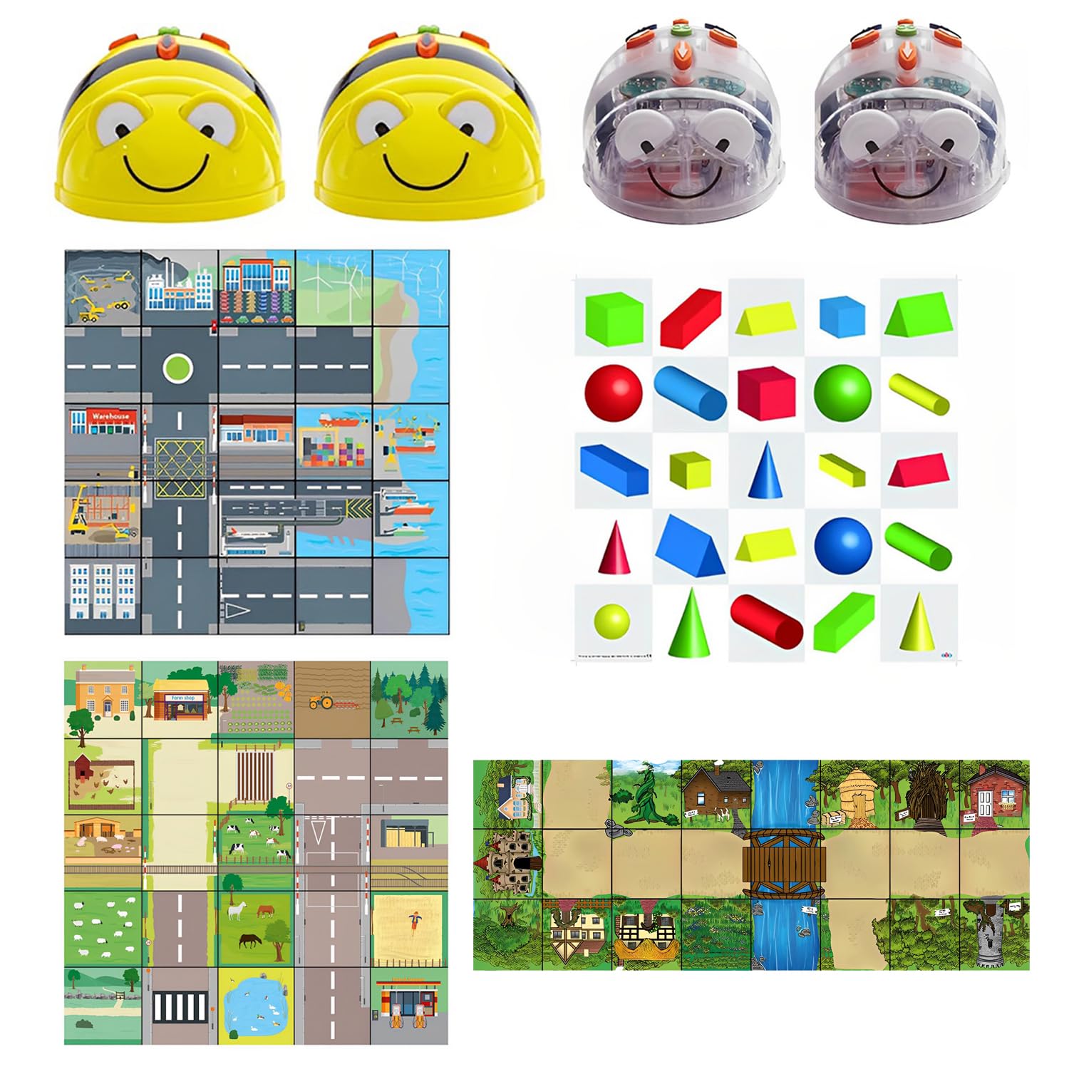 Programming Material: 2 Bee-Bot, 2 Blue Bot Floor Robotics and 1 Transport & Industry Mat, 1x Countryside Mat, 1x Fairytale Mat, & 1x 3D Shapes Mat - See & Say Version