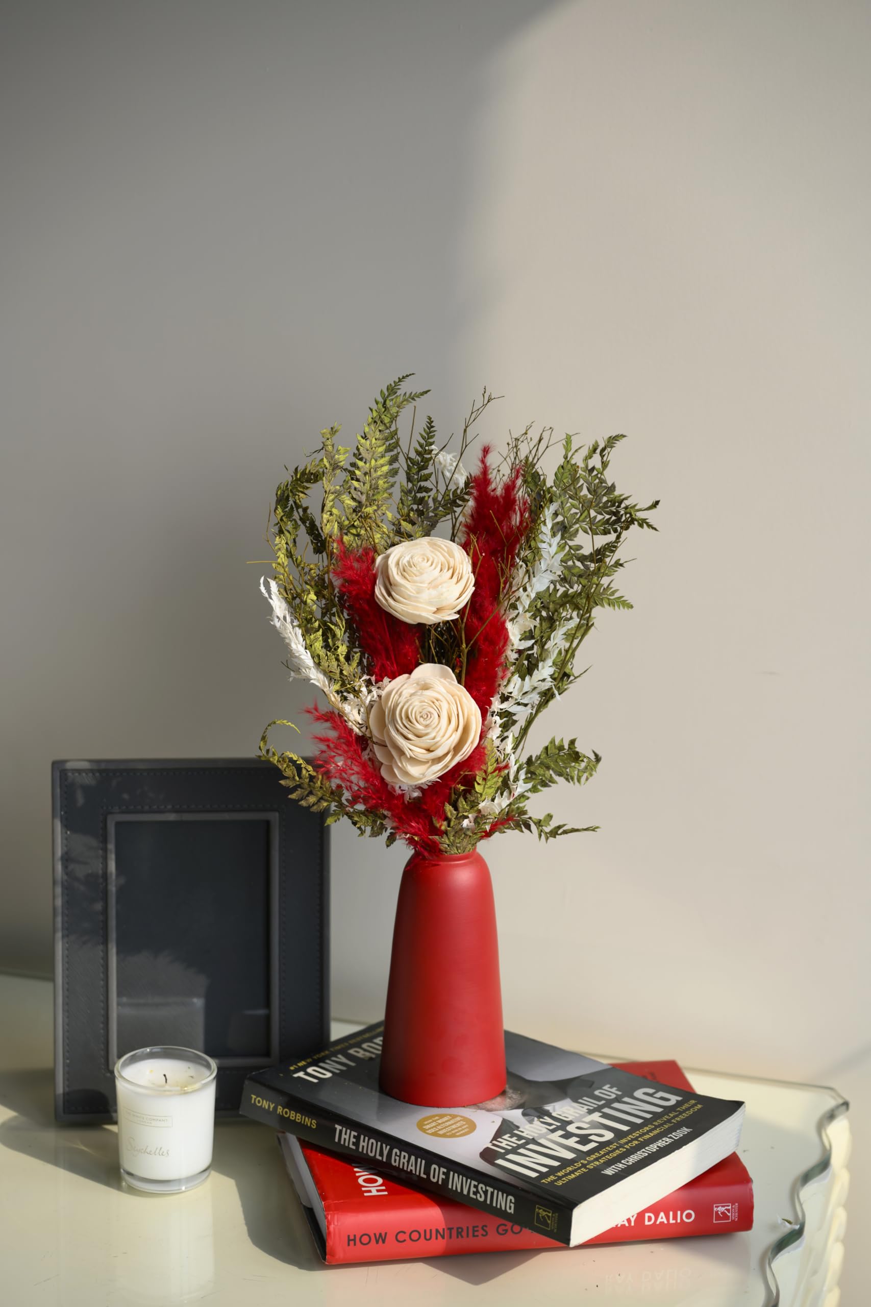 Crimson Garden Bunch in Red Vase | Luxe Dried Flower Arrangement with Sola Flowers & Natural Botanicals | Long-Lasting Home Décor for Living Room, Bedroom & Table Centerpiece-image-22