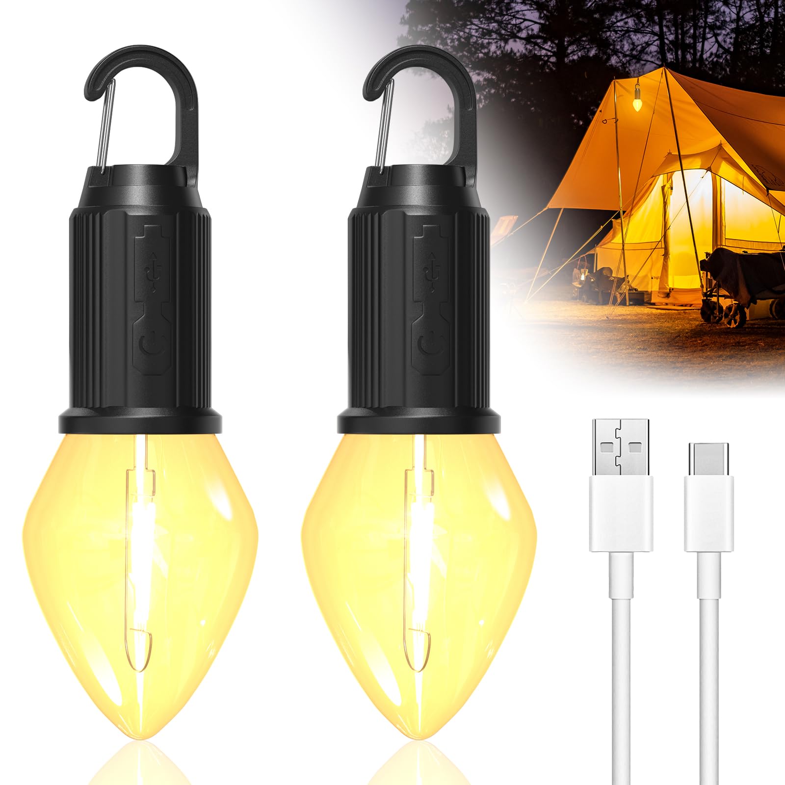 BrightArk USB Rechargeable Camping Light for Tents, Battery Operated Camping Lantern with 3 Lighting Modes, Waterproof Tent Light for Hiking, Fishing, Backpacking and Emergency Light, 2-Pack