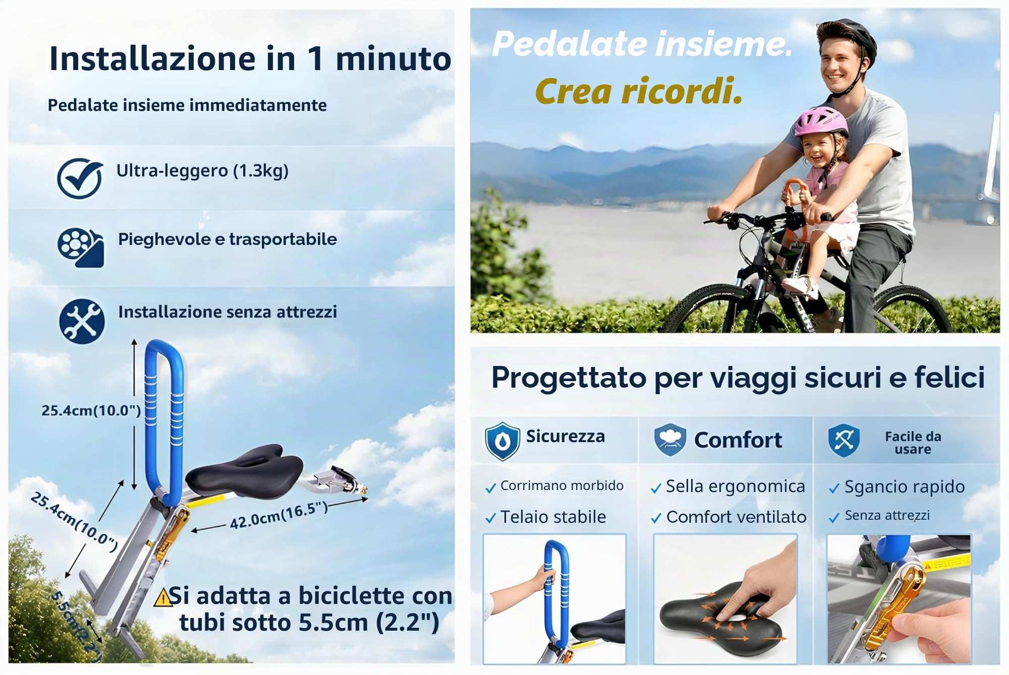 UrRider Seggiolino Bici Anteriore per Bambini, Pieghevole e Portatile, Montaggio Rapido, Adatto per Mountain Bike, Bici da Donna e Bici Pieghevoli