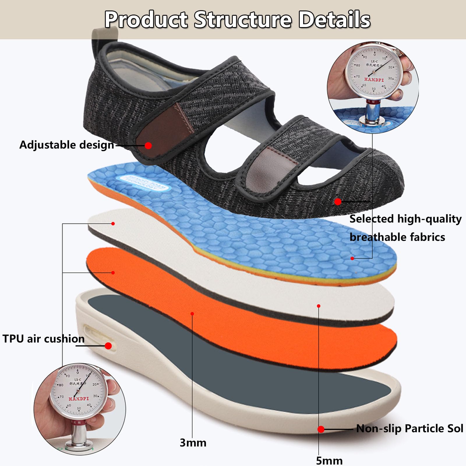 Buty męskie dla diabetyków, oddychające buty przeciwobrzękowe z pianką memory foam, dla osób starszych i z opuchniętymi stopami, łatwe do zakładania i zdejmowania (Black us Men 6)