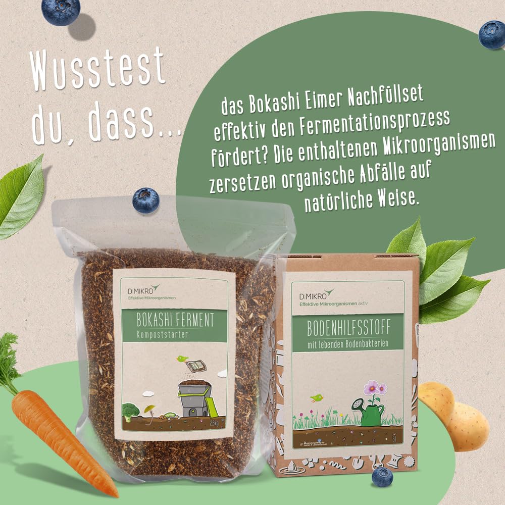 Bokashi Kit de recharge pour seau - 5 litres EM actif et 2,5 kg de ferment Bokashi | Accélérateur de compost liquide de qualité biologique, fabriqué en Allemagne – pour l'entretien durable de votre seau Bokashi